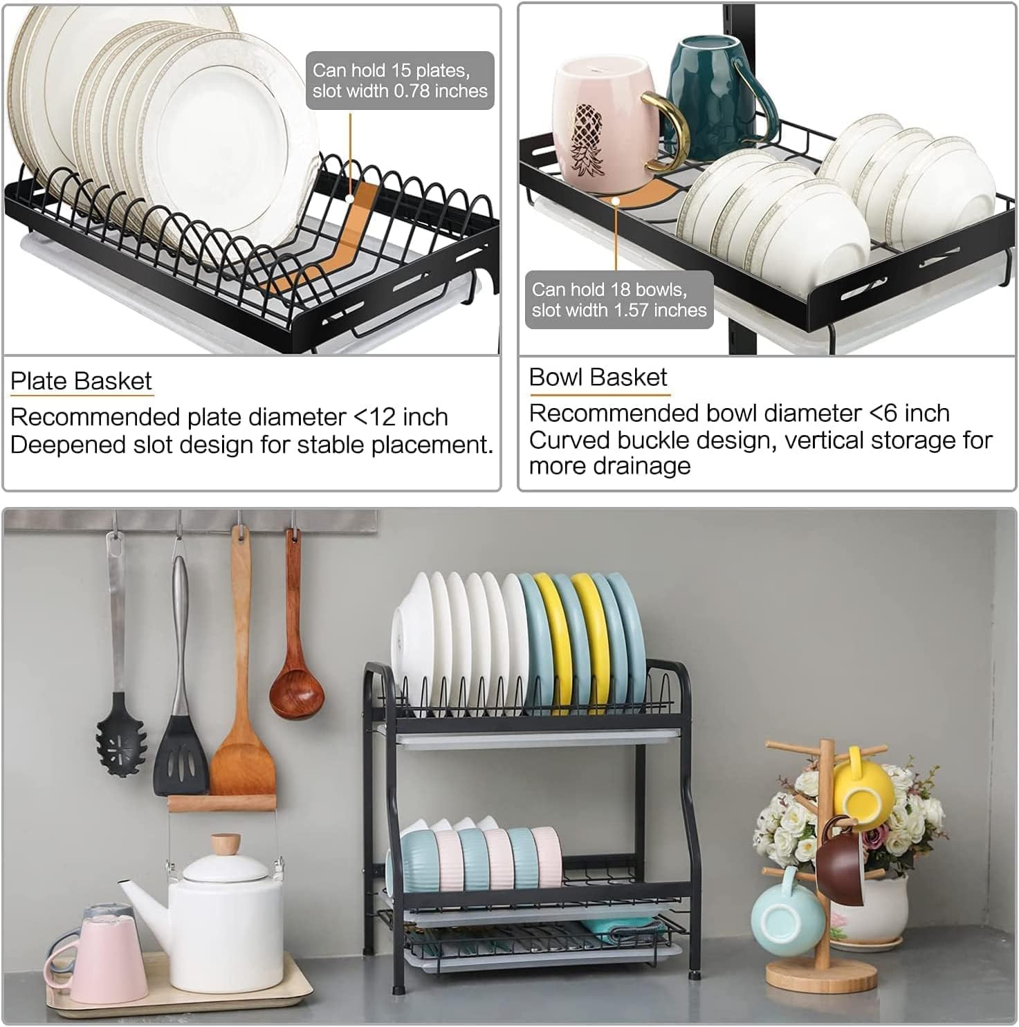 Kuber Industries 2-Layer Dish Drying Rack|Storage Rack for Kitchen Counter|Drainboard & Cutting Board Holder|Premium Utensils Basket (Black)