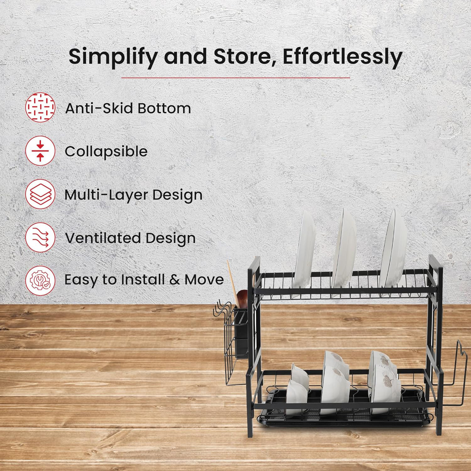 Kuber Industries 2-Layer Dish Drying Rack|Storage Rack for Kitchen Counter|Drainboard & Cutting Board Holder|Premium Utensils Basket|Free Mounting (Black)