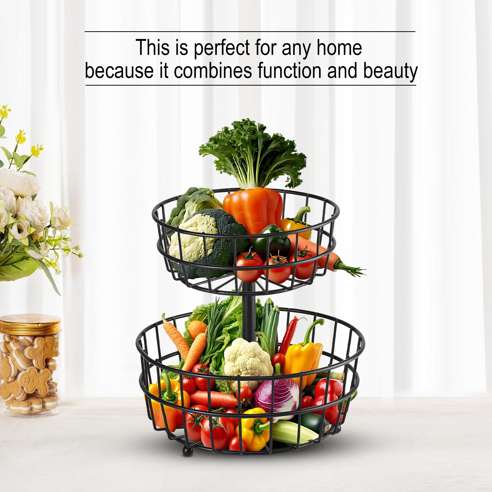 Kuber Industries 2-Layer Metal Fruit Basket for Dining Table - Vegetable  Banana Organizer Storage RackBowl for Kitchen - Black