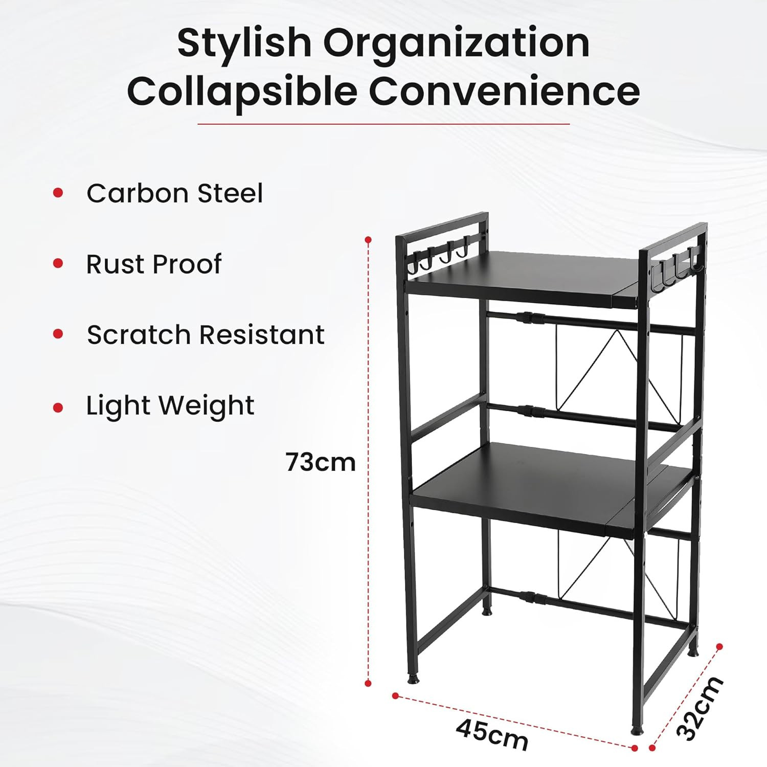 Kuber Industries 2-Layer Microwave Oven Rack|Telescopic Storage Rack|Microwave Shelf Stand with Hanging Hooks|Kitchen Counter Shelf Organizer (Black)
