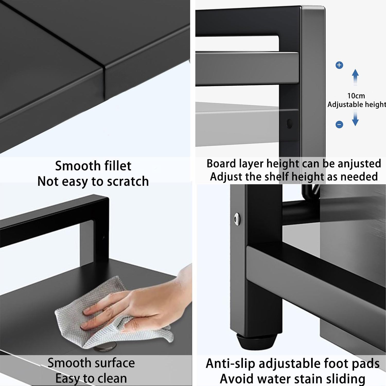 Kuber Industries 2-Layer Microwave Oven Rack|Telescopic Storage Rack|Microwave Shelf Stand with Hanging Hooks|Kitchen Counter Shelf Organizer (Black)
