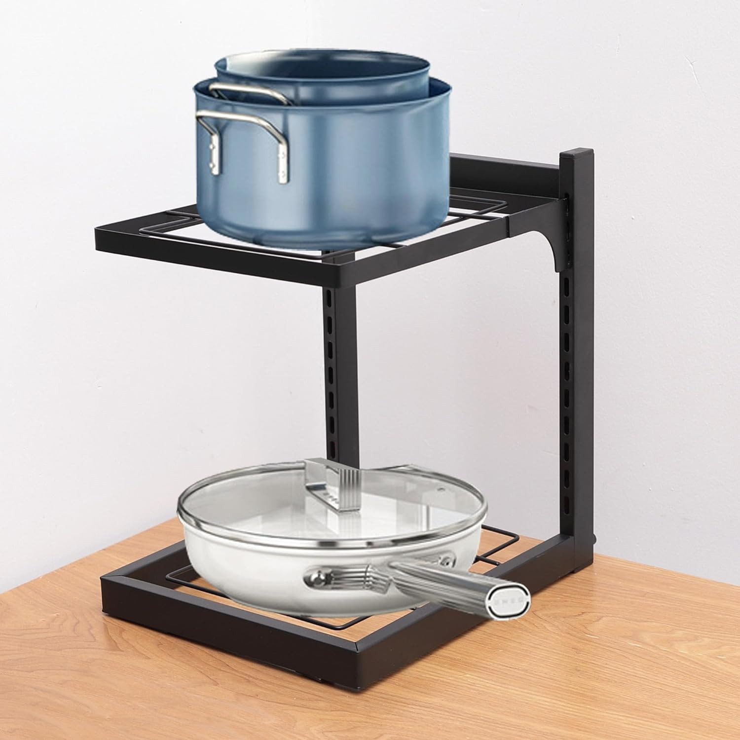 Kuber Industries 2-Layer Pots and Pans Organiser Rack|Kitchen Organization And Storage|Adjustable Pot Lid Holder Rack|Home Kitchen Accessories (Black)