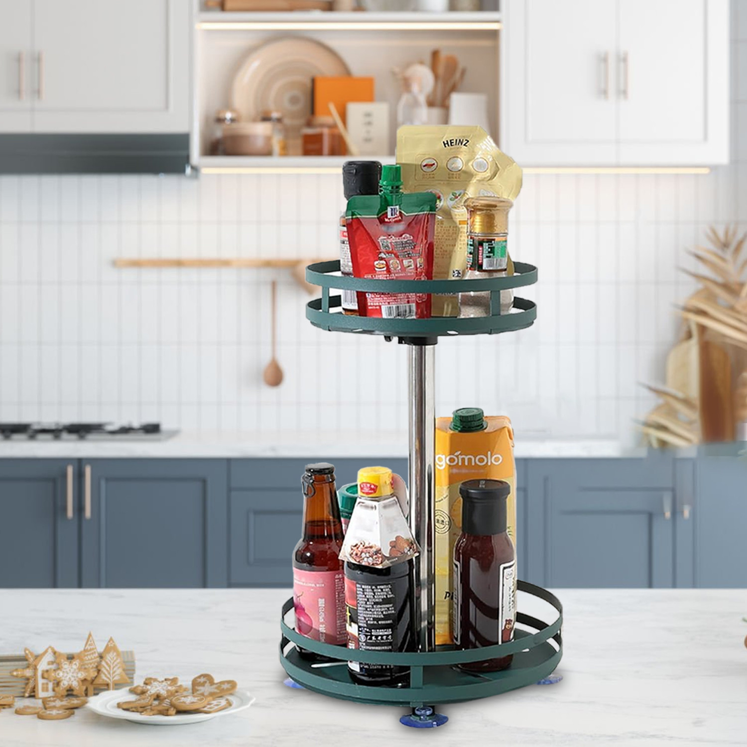 Kuber Industries 2-Layer Rotating Spice Rack|Circular Shelf For Cabinet Countertop|360-Degree Rotable Kitchen Trolley|Fruit Basket (Dark Green)