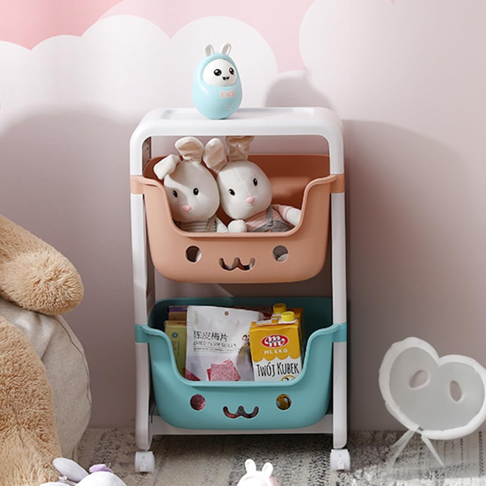Kuber Industries 2 Layer Smiley Design Children's Storage Rack|Kids Toy Storage Organizer|2-Layer Rolling Cart|Multicolor|