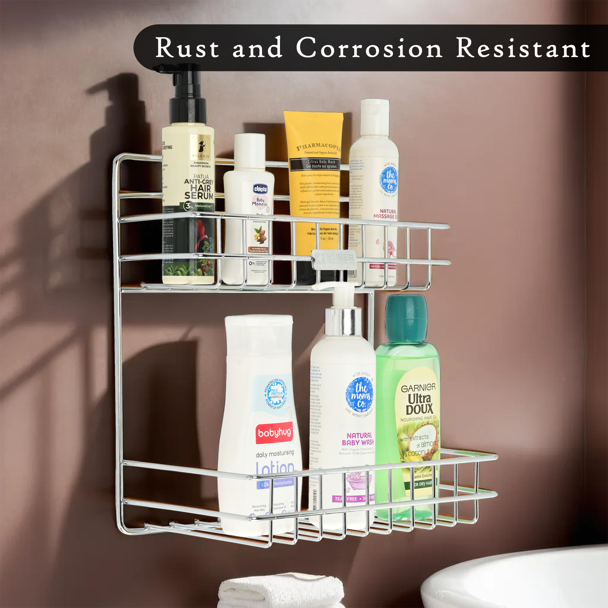 Kuber Industries 2-Layer Stainless Steel Bathroom Shelf for Wall - Washroom Organizer Towel  Shampoo Holder StandKitchen Storage Rack  10x12 Inch  Silver