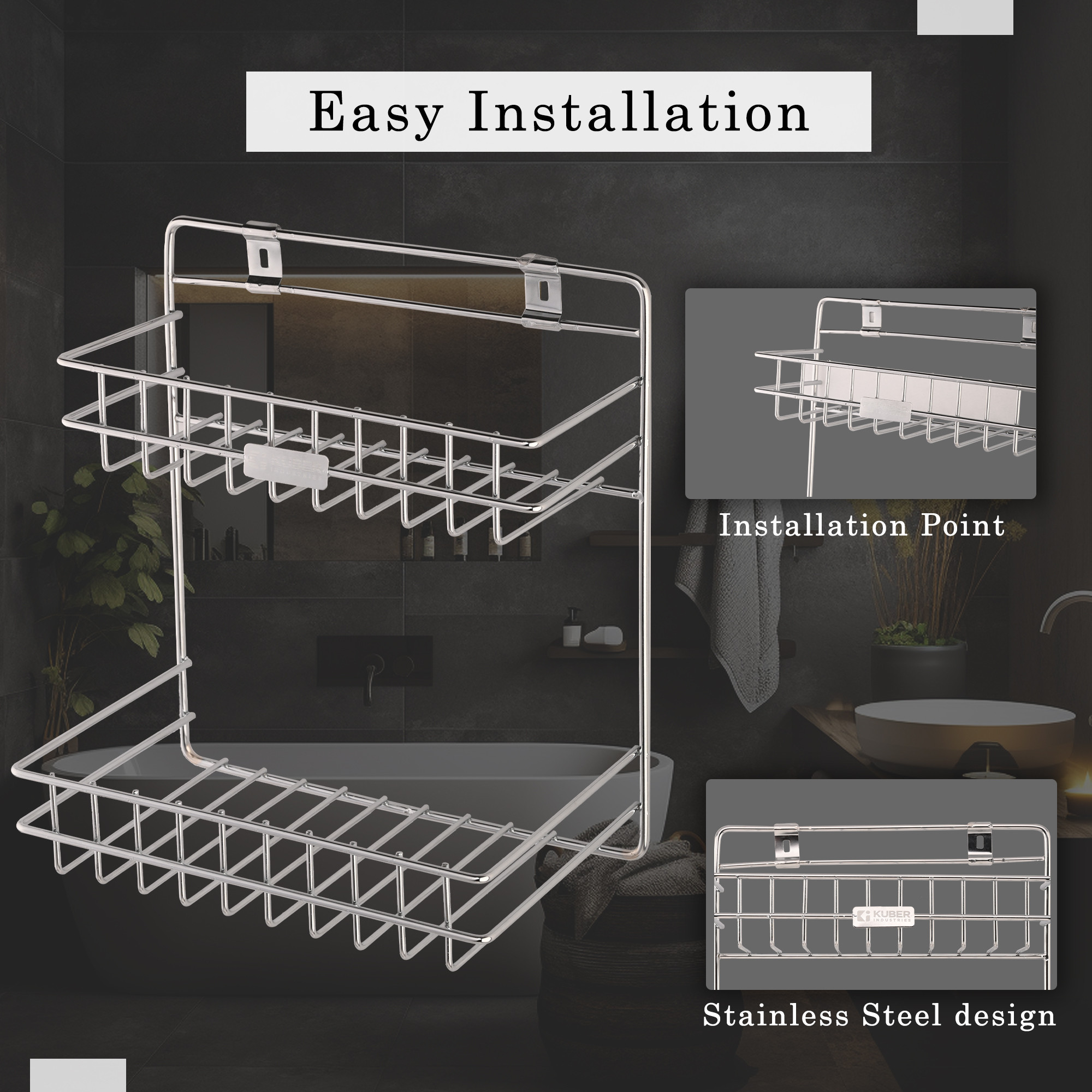 Kuber Industries 2-Layer Stainless Steel Bathroom Shelf for Wall - Washroom Organizer Towel  Shampoo Holder StandKitchen Storage Rack  10x12 Inch  Silver