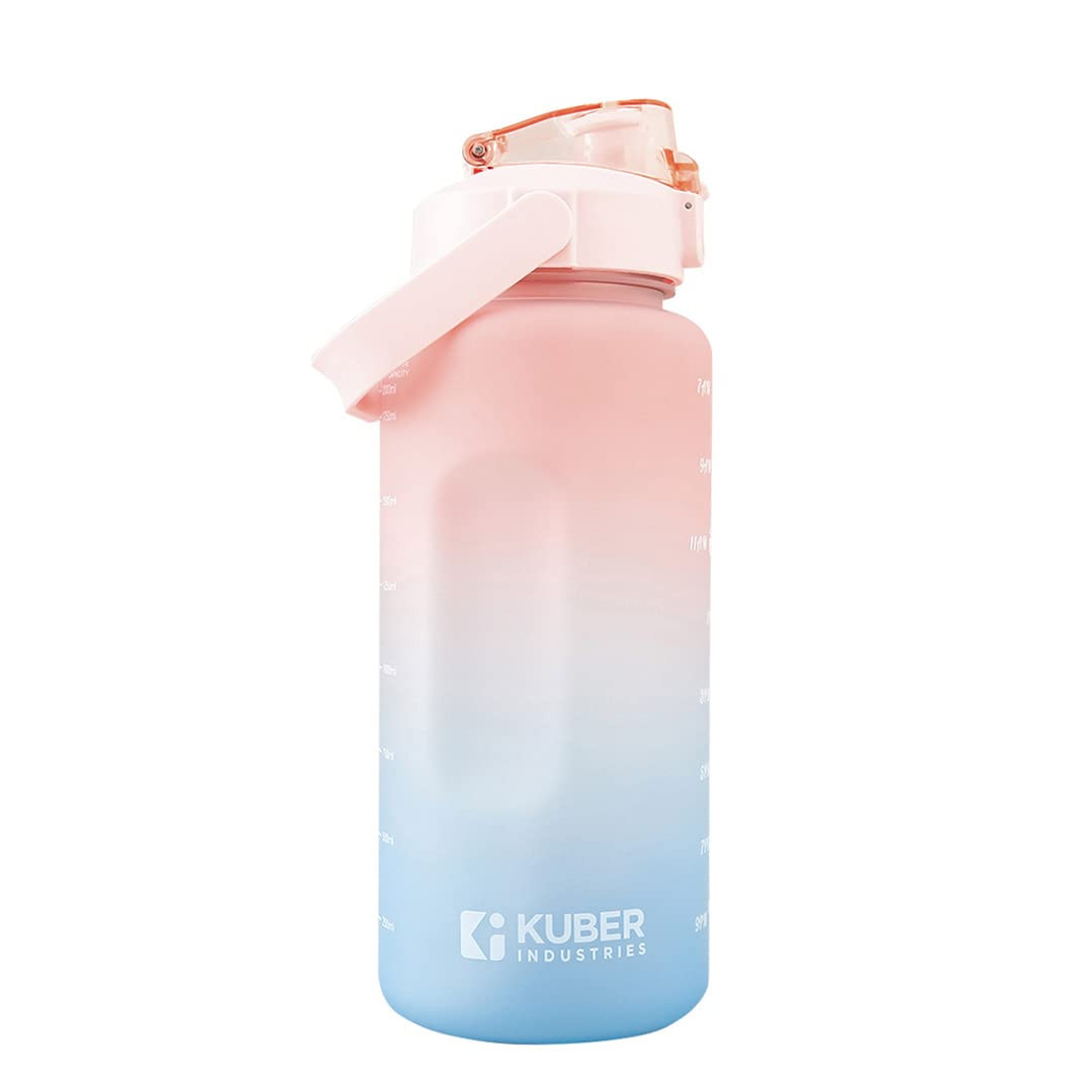 Kuber Industries 2 Litre Motivational Plastic Sipper Water Bottle with Water Tracker & Time Marker, Leakproof, BPA Free, Fitness Sports Bottle with Measurements (Gradient Blue & Pink, 1 Piece)