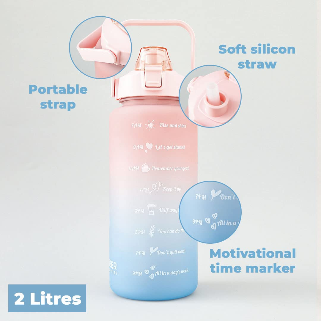 Kuber Industries 2 Litre Motivational Plastic Sipper Water Bottle with Water Tracker & Time Marker, Leakproof, BPA Free, Fitness Sports Bottle with Measurements (Gradient Blue & Pink, 1 Piece)