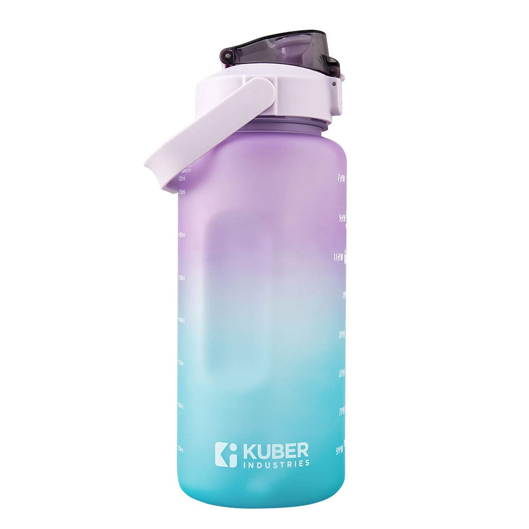 Kuber Industries 2 Litre Motivational Plastic Sipper Water Bottle with Water Tracker & Time Marker, Leakproof, BPA Free, Fitness Sports Water Bottle with Measurements (Gradient Blue & Purple, 1 Piece)
