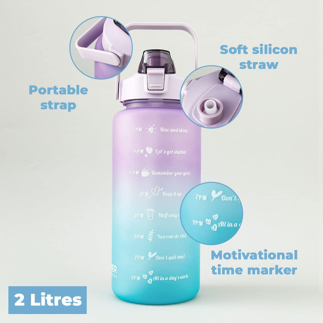 Kuber Industries 2 Litre Motivational Plastic Sipper Water Bottle with Water Tracker & Time Marker, Leakproof, BPA Free, Fitness Sports Water Bottle with Measurements (Gradient Blue & Purple, 1 Piece)