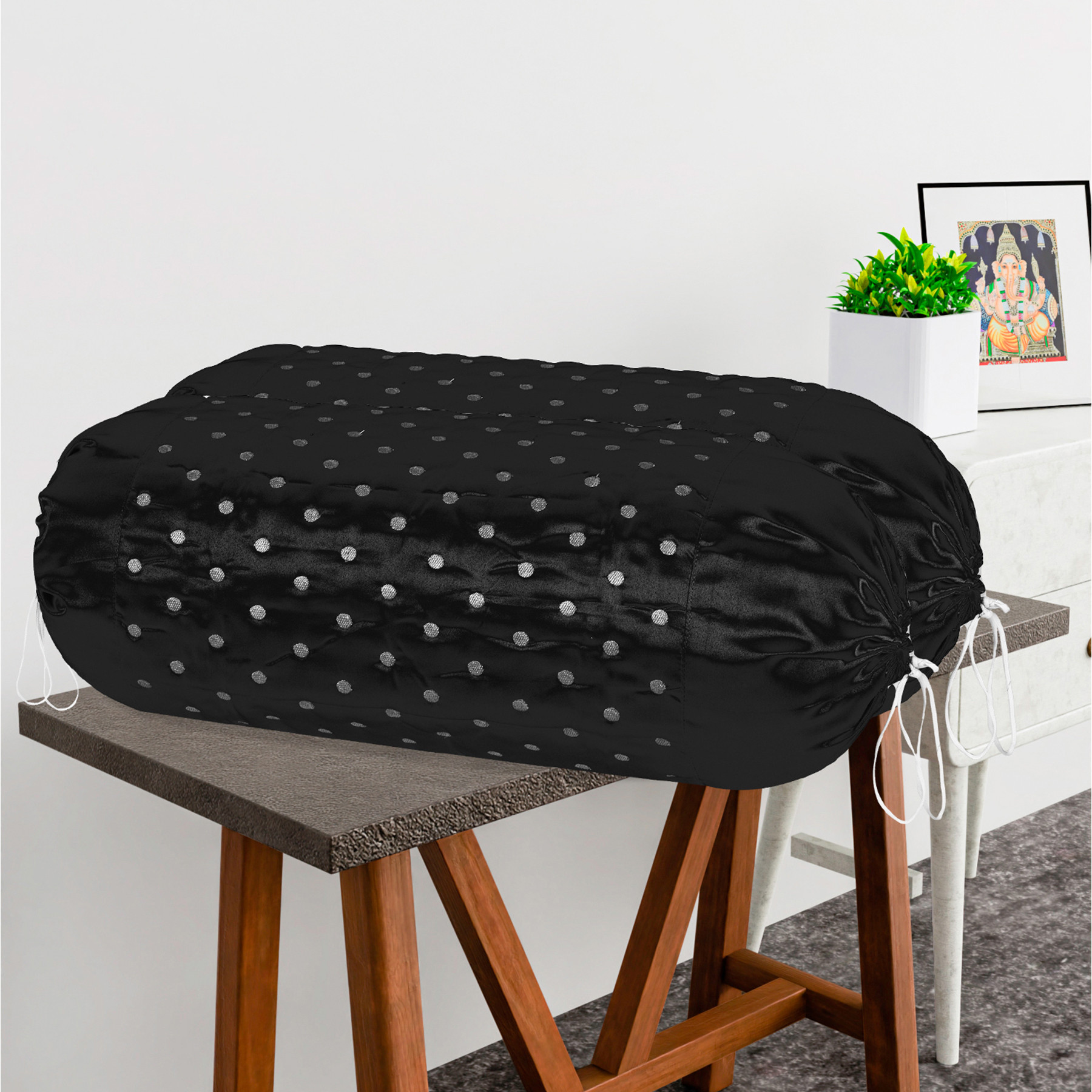 Kuber Industries 2 Pcs Aesthetic BolsterSide Pillow Cover with Dori for Sofa  Diwan  Washable Cylindrical Takiya  Round Pillow Cover for Home Decoration  Polka Dot- Black