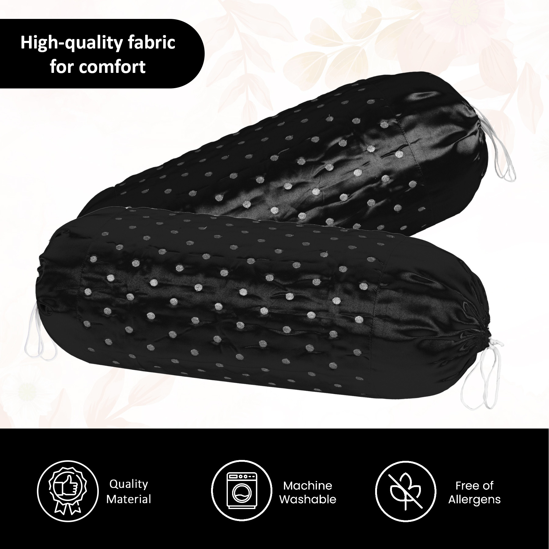 Kuber Industries 2 Pcs Aesthetic BolsterSide Pillow Cover with Dori for Sofa  Diwan  Washable Cylindrical Takiya  Round Pillow Cover for Home Decoration  Polka Dot- Black