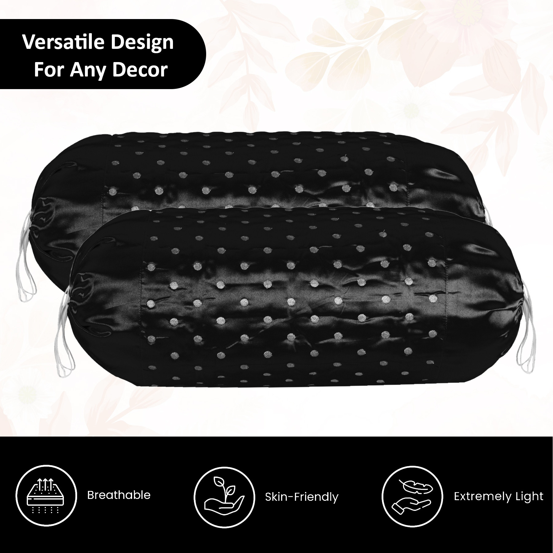 Kuber Industries 2 Pcs Aesthetic BolsterSide Pillow Cover with Dori for Sofa  Diwan  Washable Cylindrical Takiya  Round Pillow Cover for Home Decoration  Polka Dot- Black