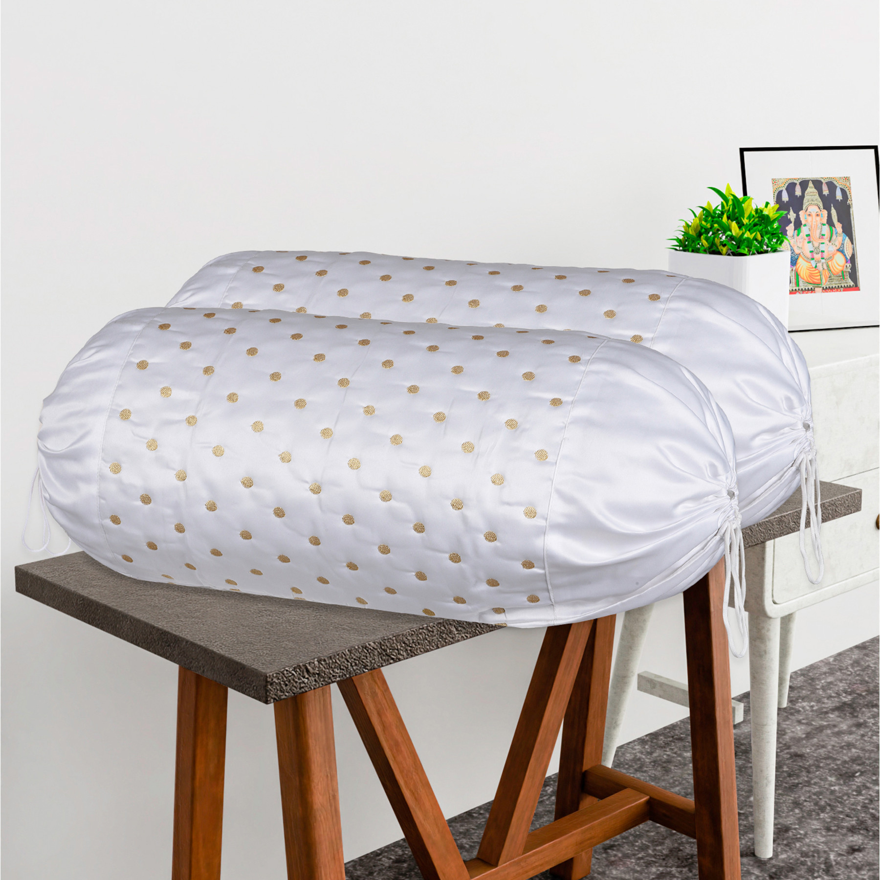 Kuber Industries 2 Pcs Aesthetic BolsterSide Pillow Cover with Dori for Sofa  Diwan  Washable Cylindrical Takiya  Round Pillow Cover for Home Decoration  Polka Dot- White