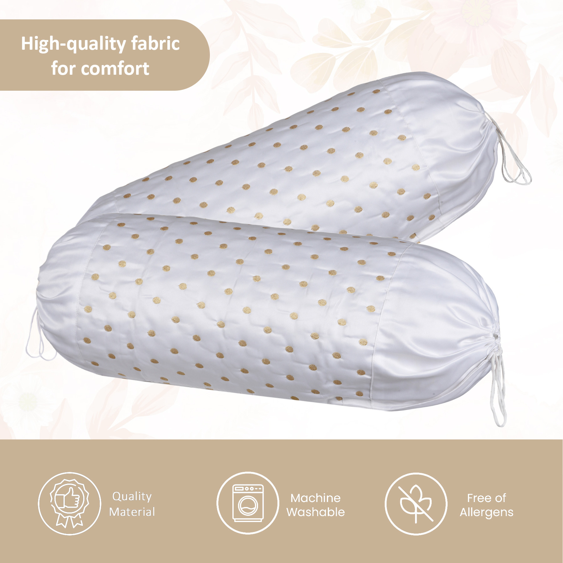 Kuber Industries 2 Pcs Aesthetic BolsterSide Pillow Cover with Dori for Sofa  Diwan  Washable Cylindrical Takiya  Round Pillow Cover for Home Decoration  Polka Dot- White