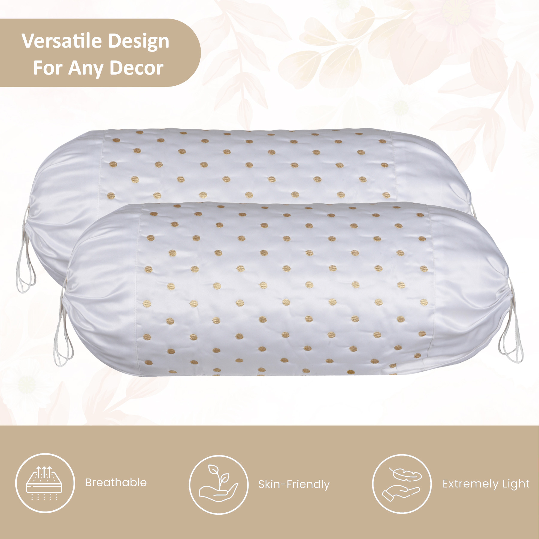 Kuber Industries 2 Pcs Aesthetic BolsterSide Pillow Cover with Dori for Sofa  Diwan  Washable Cylindrical Takiya  Round Pillow Cover for Home Decoration  Polka Dot- White