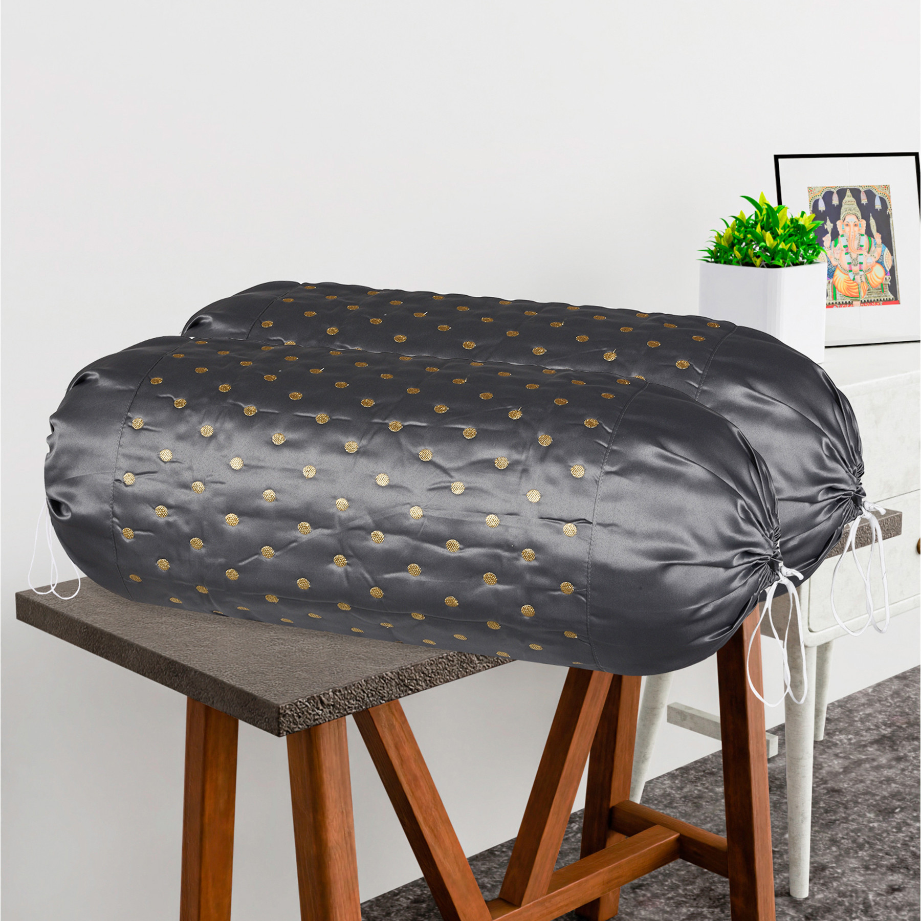 Kuber Industries 2 Pcs Aesthetic BolsterSide Pillow Cover with Dori for Sofa  Diwan  Washable Cylindrical Takiya  Round Pillow Cover for Home Decoration  Polka Dot - Grey