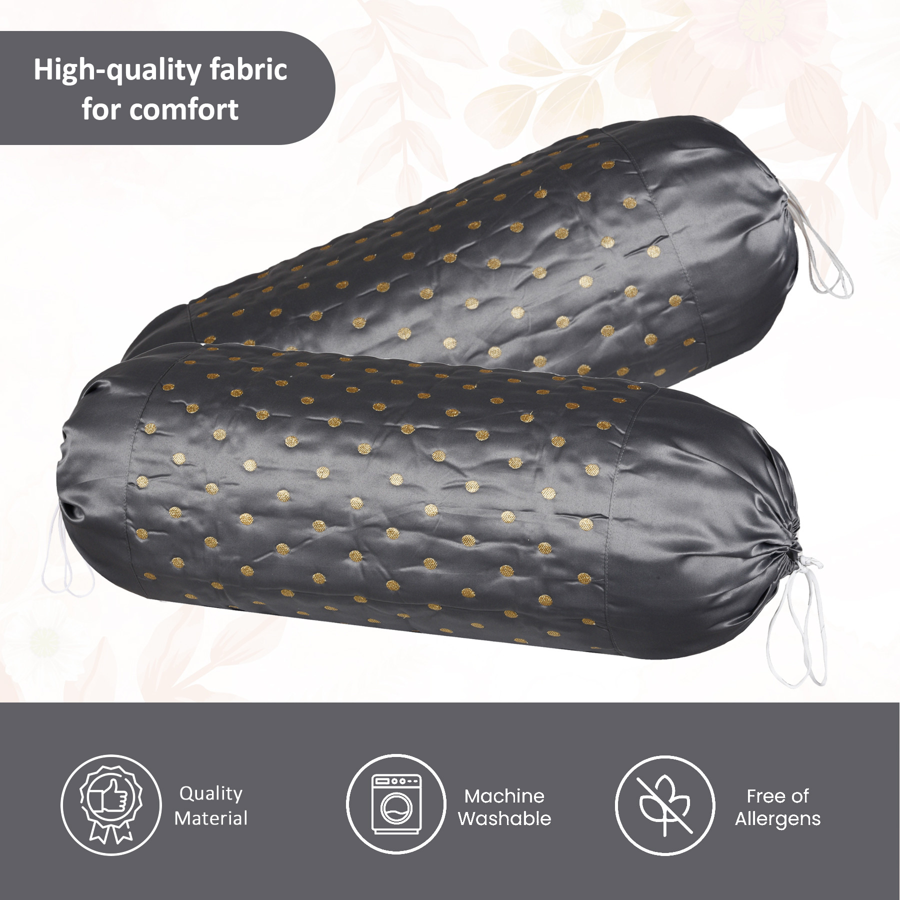 Kuber Industries 2 Pcs Aesthetic BolsterSide Pillow Cover with Dori for Sofa  Diwan  Washable Cylindrical Takiya  Round Pillow Cover for Home Decoration  Polka Dot - Grey