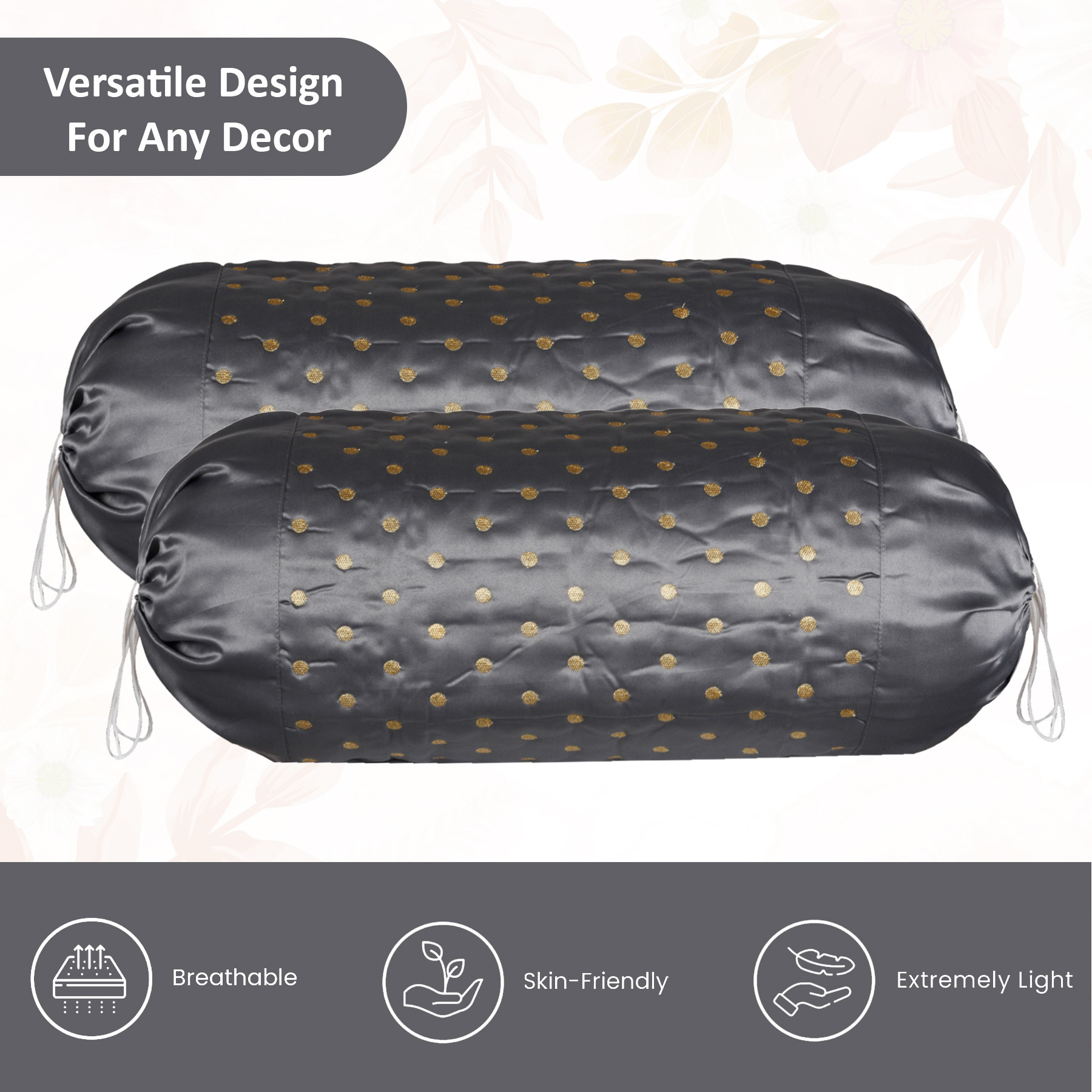 Kuber Industries 2 Pcs Aesthetic BolsterSide Pillow Cover with Dori for Sofa  Diwan  Washable Cylindrical Takiya  Round Pillow Cover for Home Decoration  Polka Dot - Grey