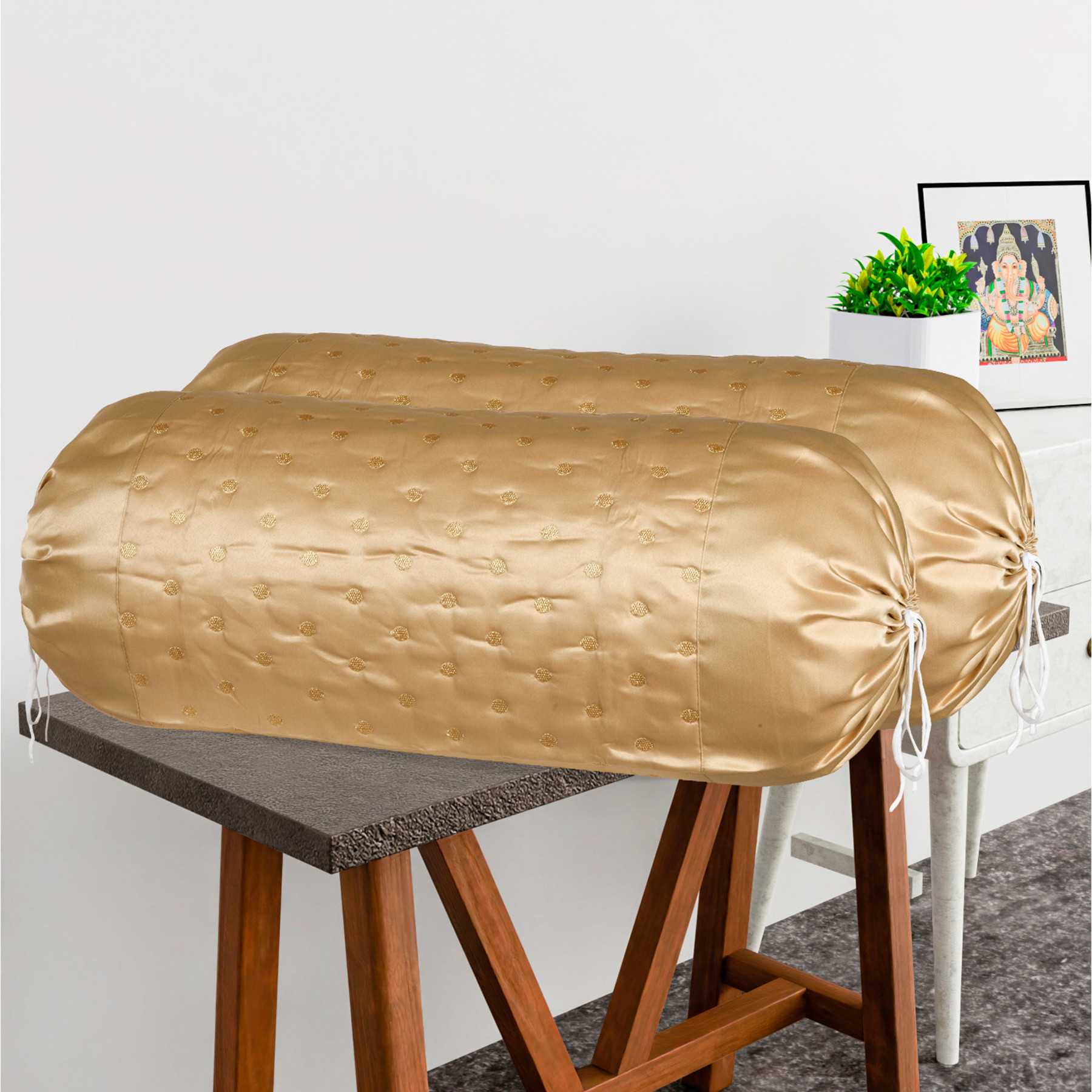 Kuber Industries 2 Pcs Aesthetic BolsterSide Pillow Cover with Dori for Sofa  Diwan  Washable Cylindrical Takiya  Round Pillow Cover for Home Decoration  Polka Dot - Golden