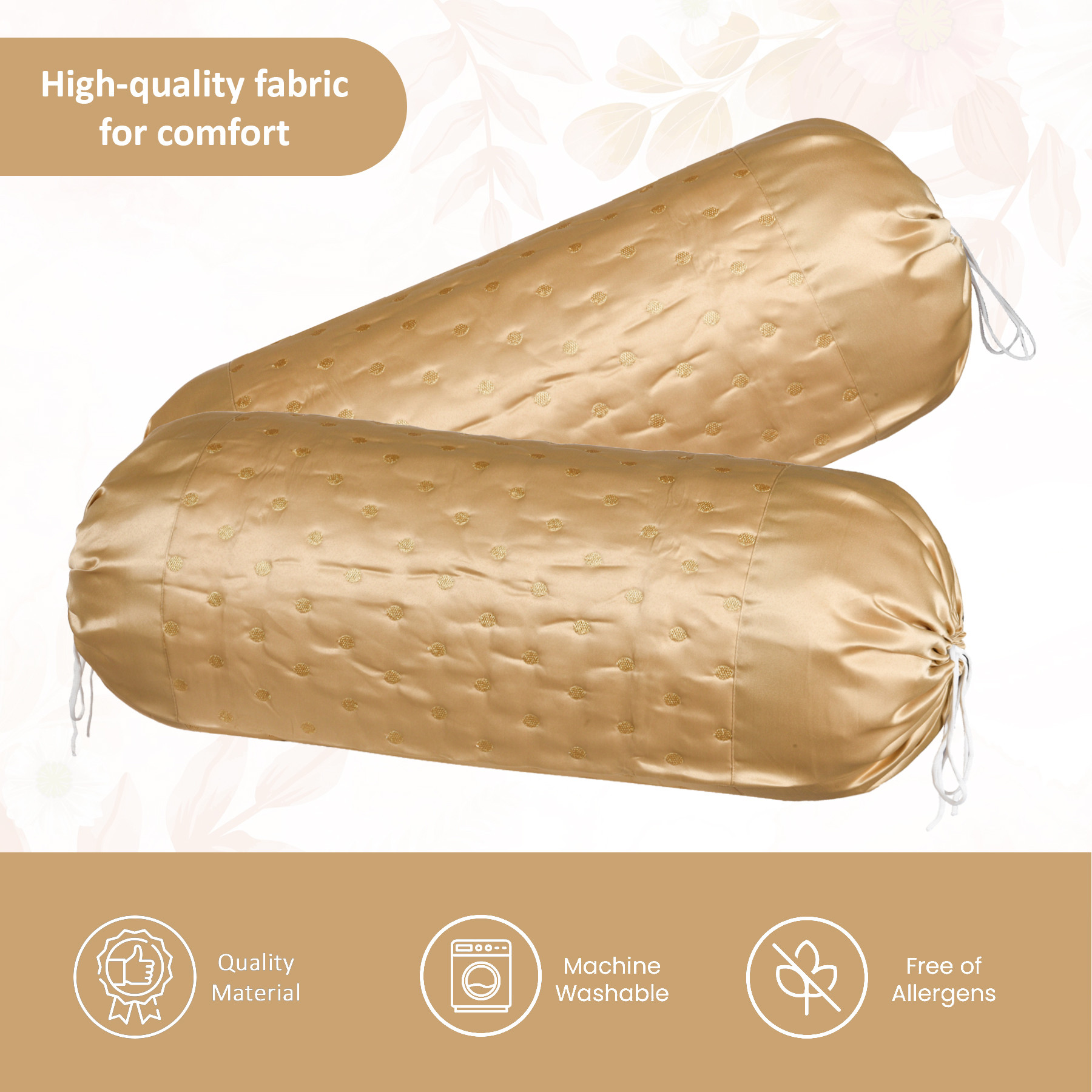 Kuber Industries 2 Pcs Aesthetic BolsterSide Pillow Cover with Dori for Sofa  Diwan  Washable Cylindrical Takiya  Round Pillow Cover for Home Decoration  Polka Dot - Golden