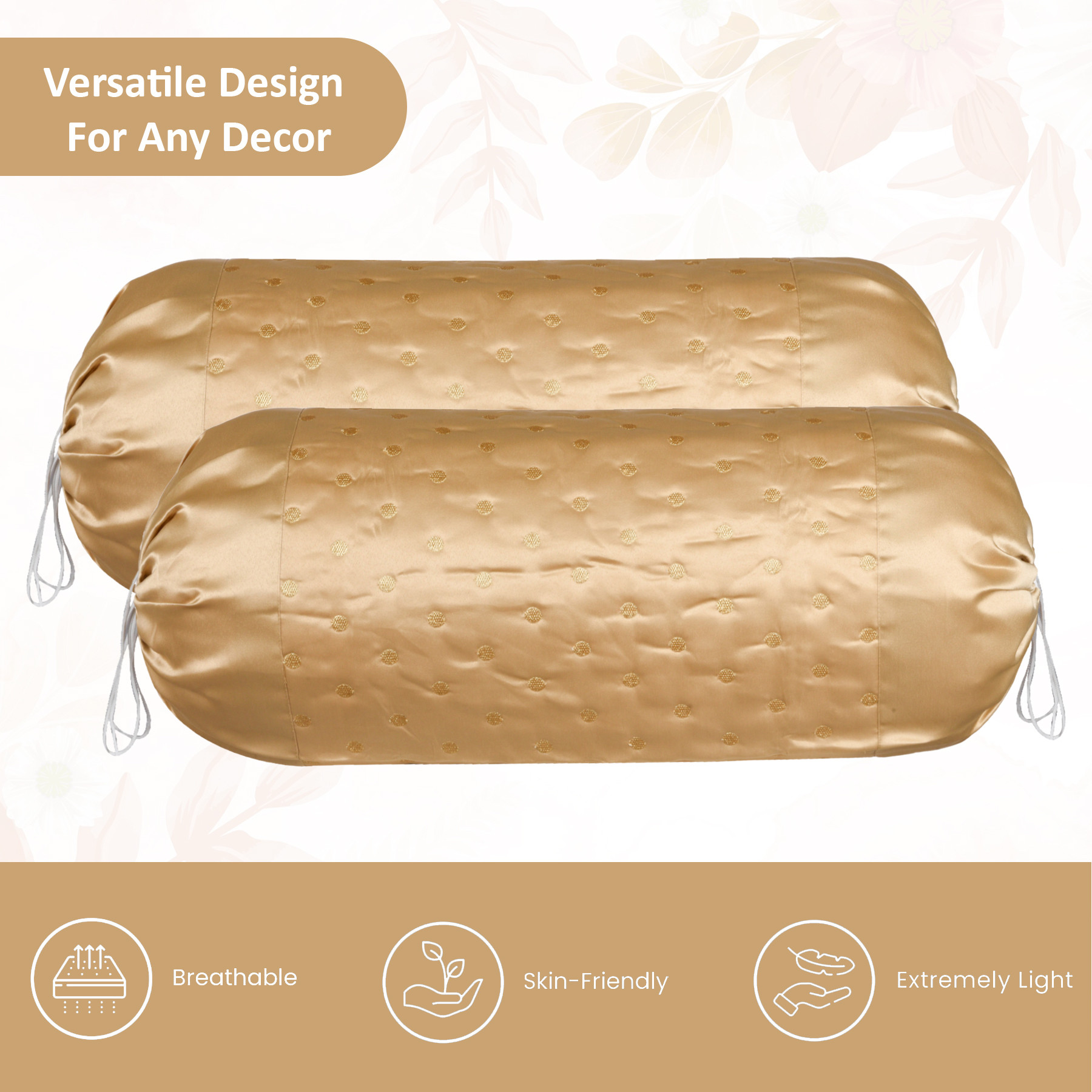 Kuber Industries 2 Pcs Aesthetic BolsterSide Pillow Cover with Dori for Sofa  Diwan  Washable Cylindrical Takiya  Round Pillow Cover for Home Decoration  Polka Dot - Golden