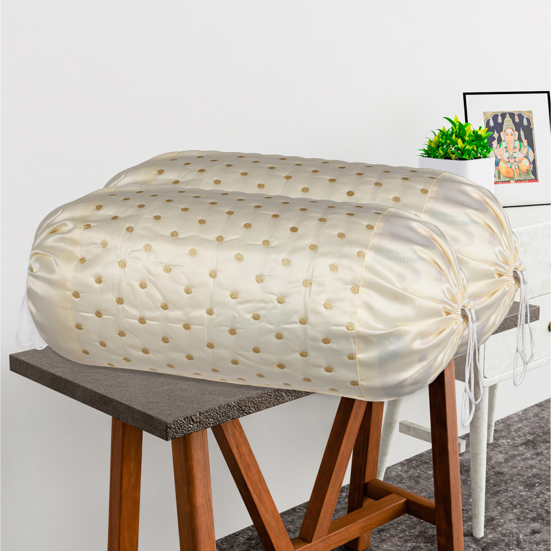 Kuber Industries 2 Pcs Aesthetic BolsterSide Pillow Cover with Dori for Sofa  Diwan  Washable Cylindrical Takiya  Round Pillow Cover for Home Decoration  Polka Dot - Cream