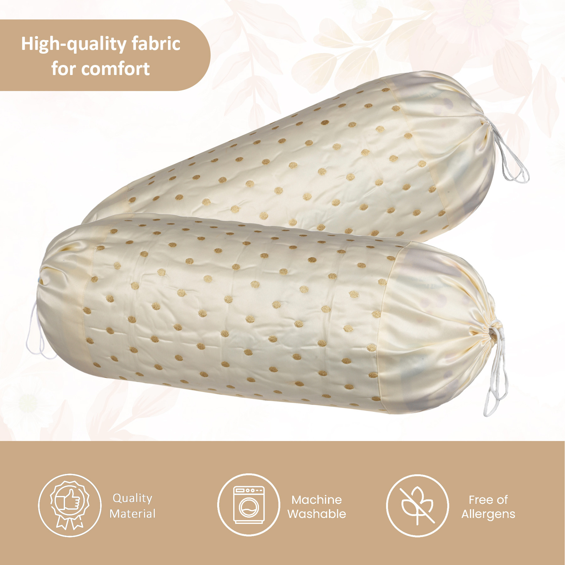 Kuber Industries 2 Pcs Aesthetic BolsterSide Pillow Cover with Dori for Sofa  Diwan  Washable Cylindrical Takiya  Round Pillow Cover for Home Decoration  Polka Dot - Cream