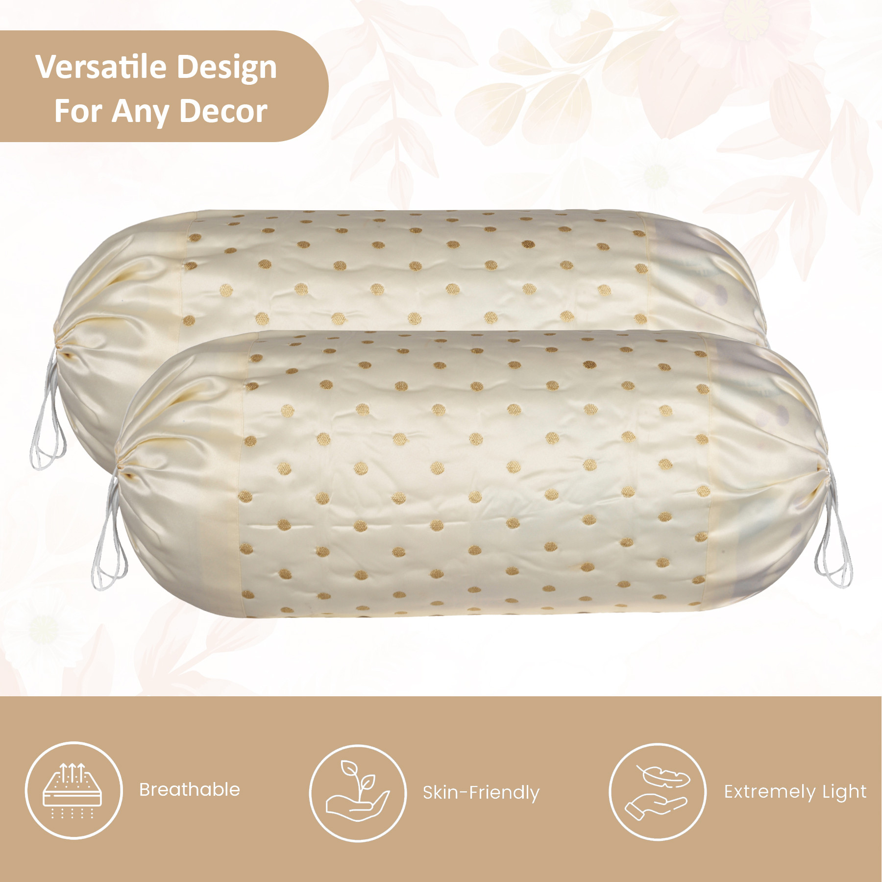 Kuber Industries 2 Pcs Aesthetic BolsterSide Pillow Cover with Dori for Sofa  Diwan  Washable Cylindrical Takiya  Round Pillow Cover for Home Decoration  Polka Dot - Cream