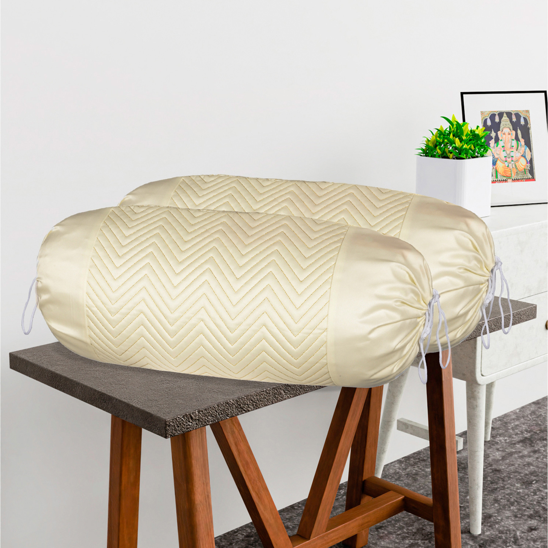 Kuber Industries 2 Pcs Aesthetic BolsterSide Pillow Cover with Dori for Sofa  Diwan  Washable Cylindrical Takiya  Round Pillow Cover for Home Decoration  Zig Zag- Cream Golden