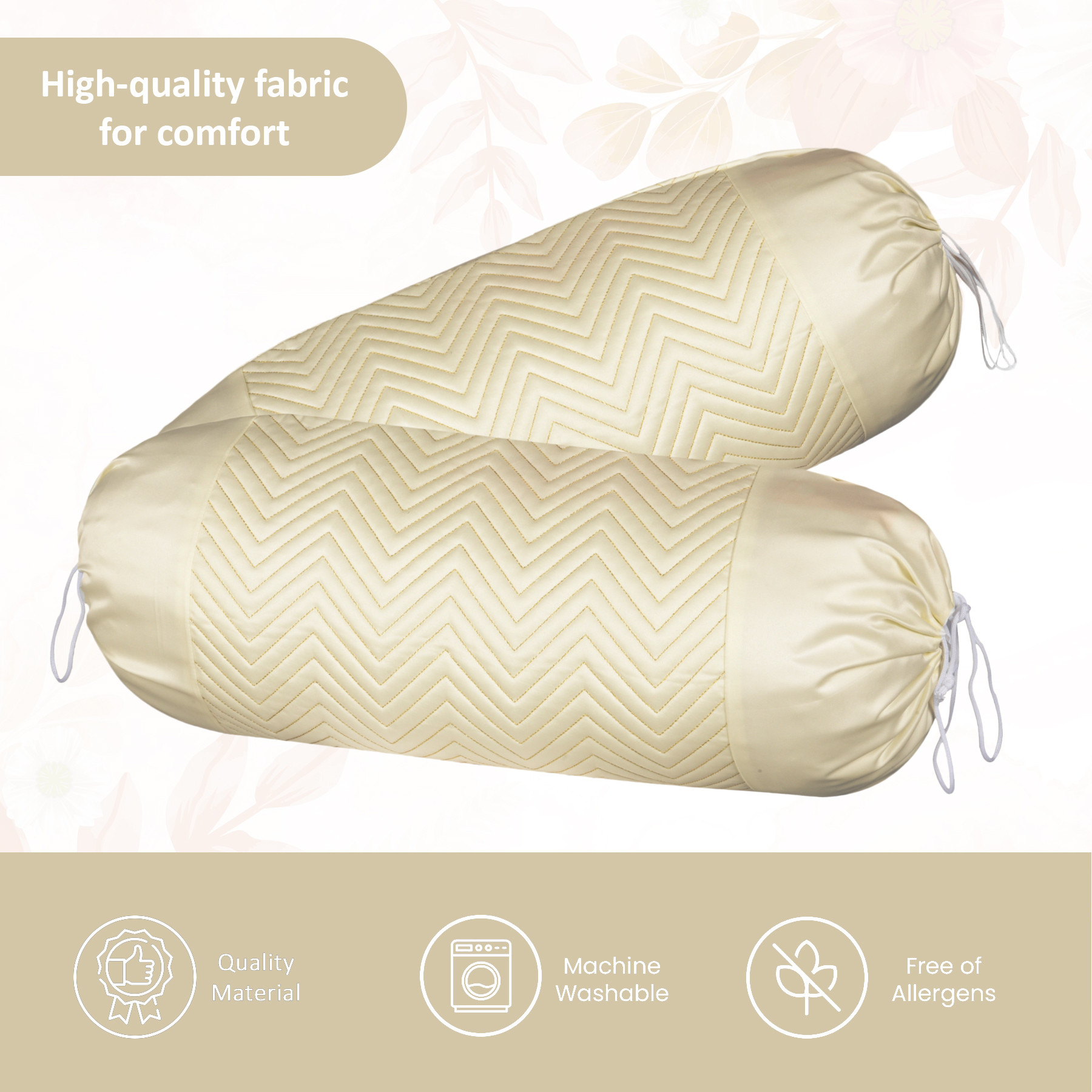 Kuber Industries 2 Pcs Aesthetic BolsterSide Pillow Cover with Dori for Sofa  Diwan  Washable Cylindrical Takiya  Round Pillow Cover for Home Decoration  Zig Zag- Cream Golden