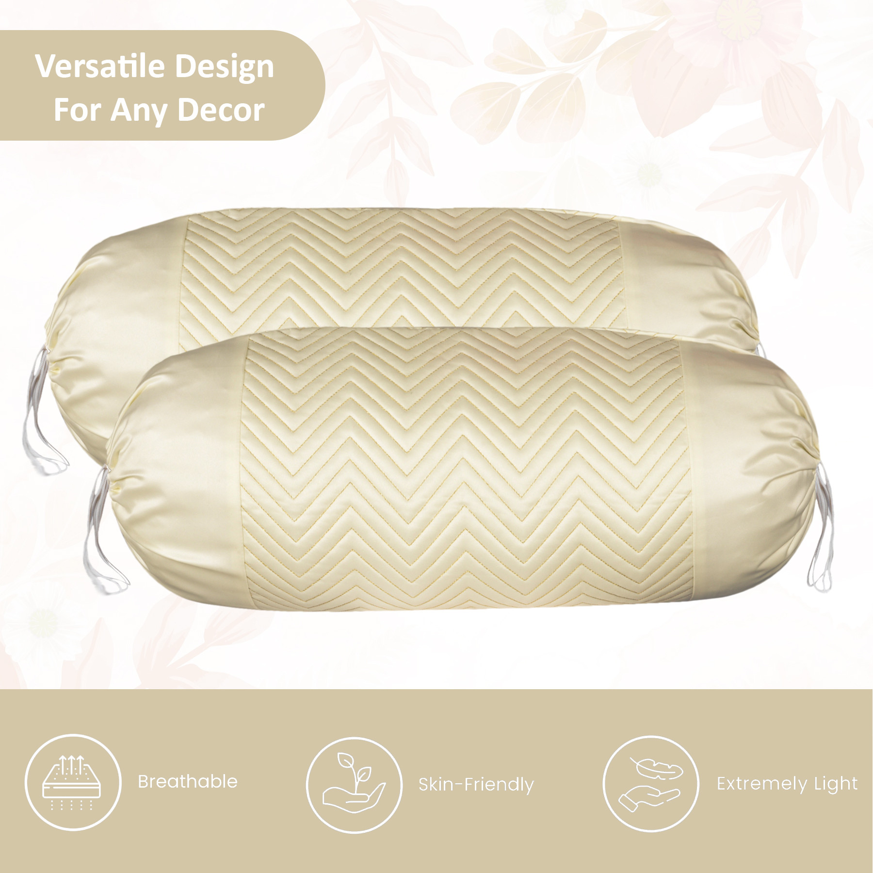 Kuber Industries 2 Pcs Aesthetic BolsterSide Pillow Cover with Dori for Sofa  Diwan  Washable Cylindrical Takiya  Round Pillow Cover for Home Decoration  Zig Zag- Cream Golden