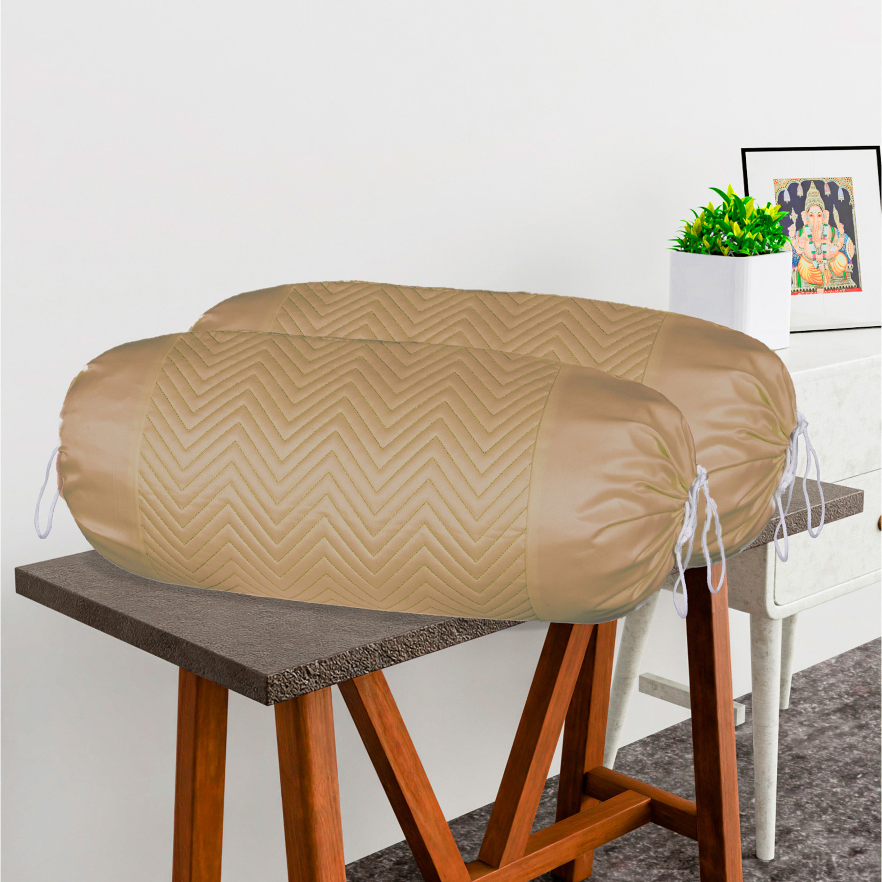 Kuber Industries 2 Pcs Aesthetic BolsterSide Pillow Cover with Dori for Sofa  Diwan  Washable Cylindrical Takiya  Round Pillow Cover for Home Decoration  Zig Zag- Golden