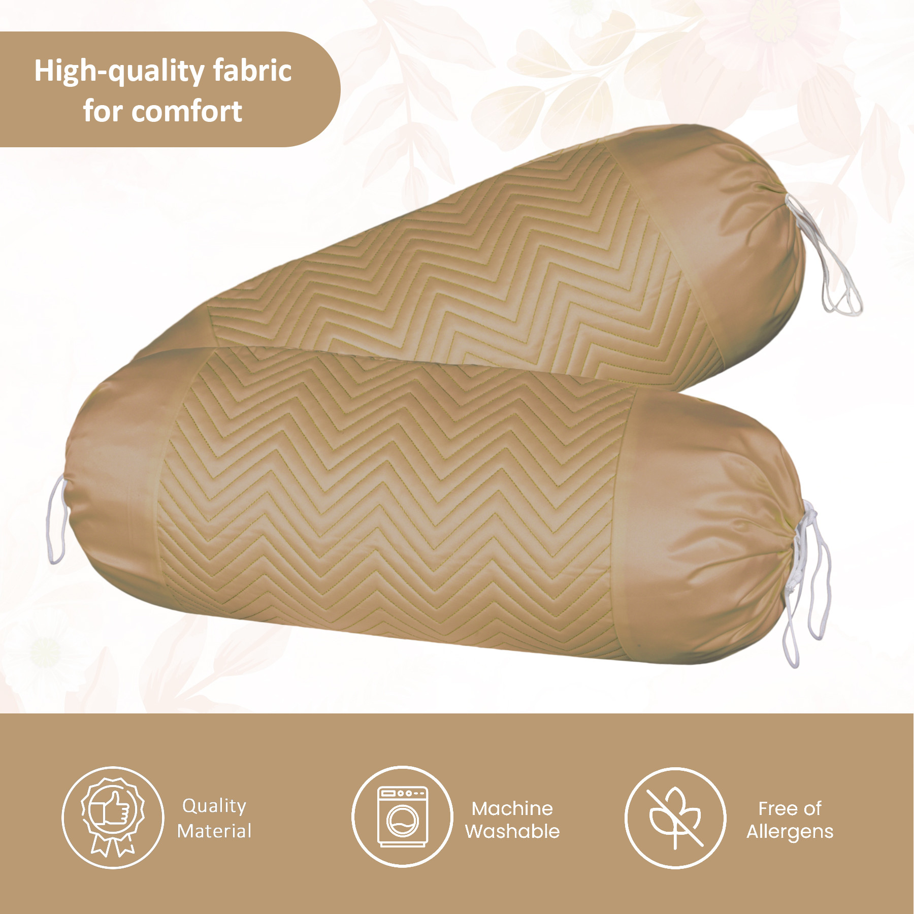 Kuber Industries 2 Pcs Aesthetic BolsterSide Pillow Cover with Dori for Sofa  Diwan  Washable Cylindrical Takiya  Round Pillow Cover for Home Decoration  Zig Zag- Golden