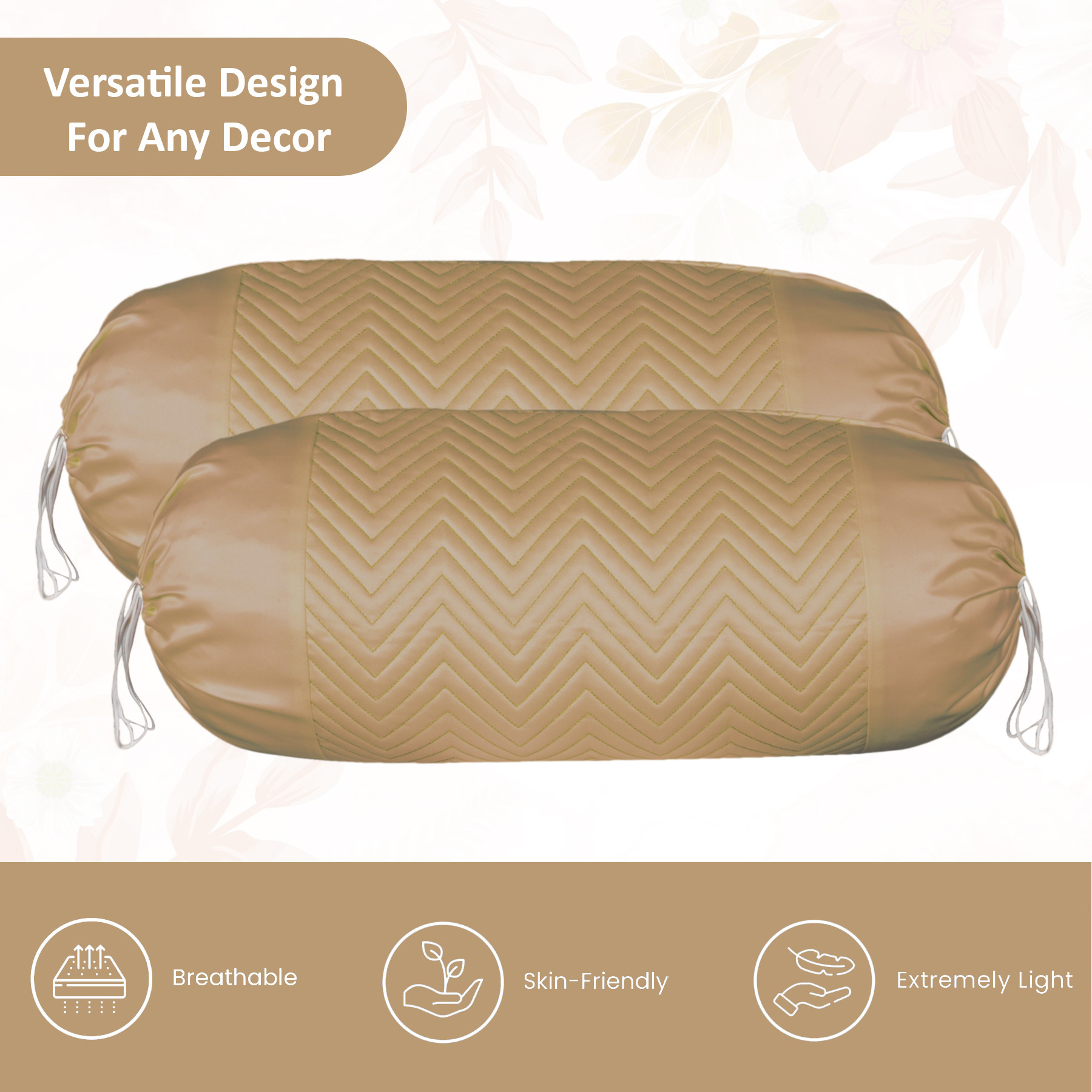 Kuber Industries 2 Pcs Aesthetic BolsterSide Pillow Cover with Dori for Sofa  Diwan  Washable Cylindrical Takiya  Round Pillow Cover for Home Decoration  Zig Zag- Golden