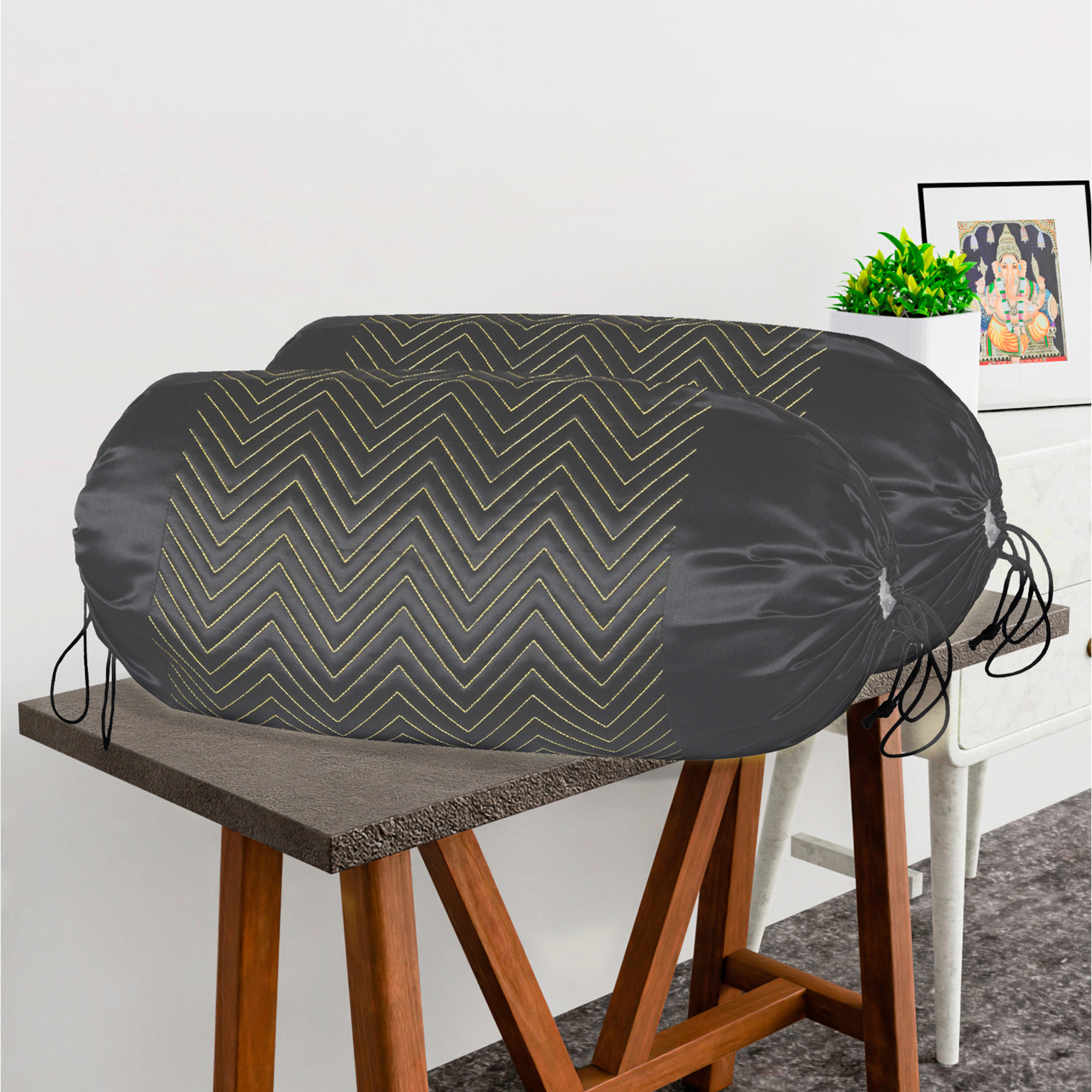 Kuber Industries 2 Pcs Aesthetic BolsterSide Pillow Cover with Dori for Sofa  Diwan  Washable Cylindrical Takiya  Round Pillow Cover for Home Decoration  Zig Zag- Grey Golden