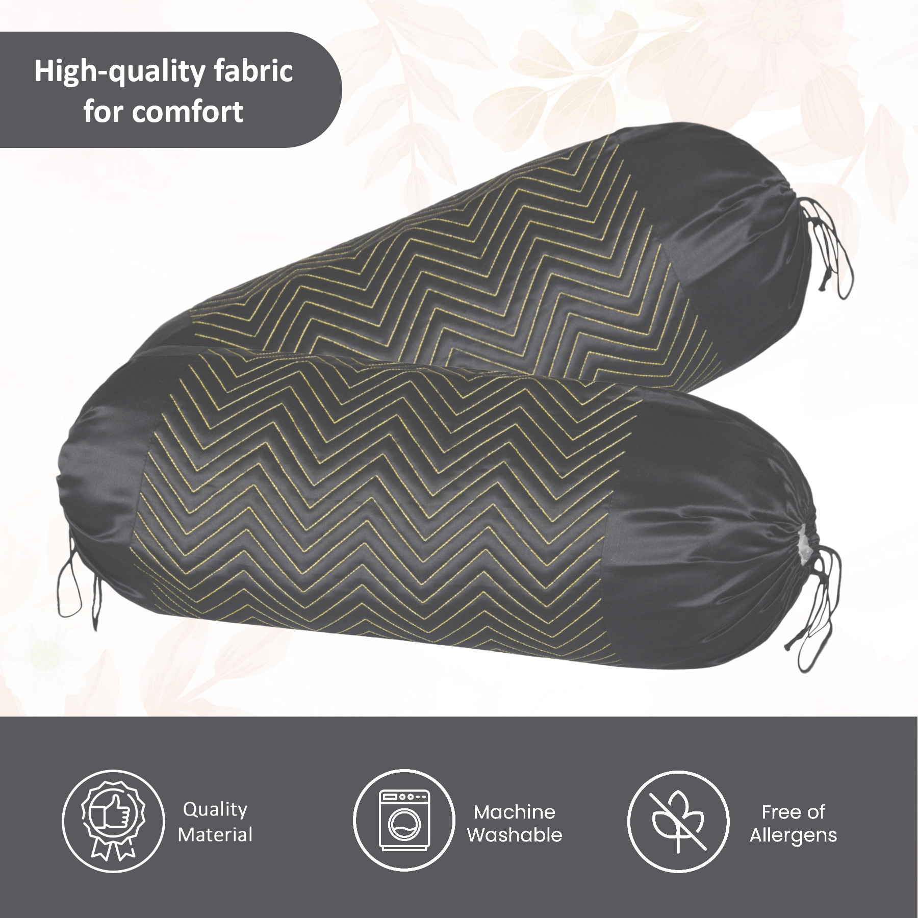 Kuber Industries 2 Pcs Aesthetic BolsterSide Pillow Cover with Dori for Sofa  Diwan  Washable Cylindrical Takiya  Round Pillow Cover for Home Decoration  Zig Zag- Grey Golden