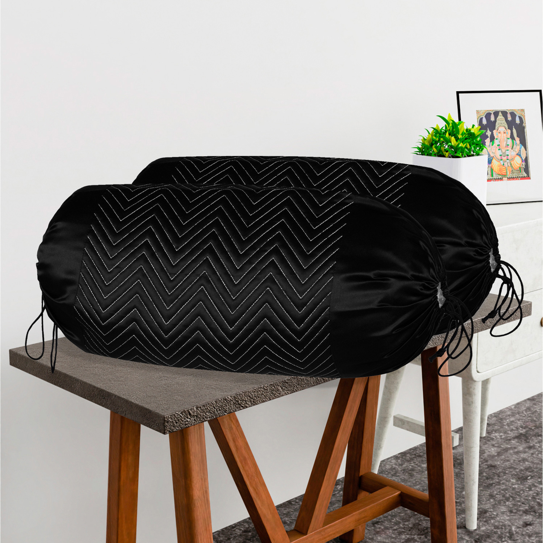 Kuber Industries 2 Pcs Aesthetic BolsterSide Pillow Cover with Dori for Sofa  Diwan  Washable Cylindrical Takiya  Round Pillow Cover for Home Decoration  Zig Zag- Black Silver