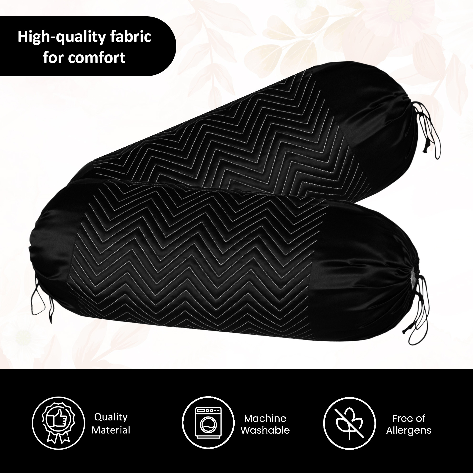 Kuber Industries 2 Pcs Aesthetic BolsterSide Pillow Cover with Dori for Sofa  Diwan  Washable Cylindrical Takiya  Round Pillow Cover for Home Decoration  Zig Zag- Black Silver