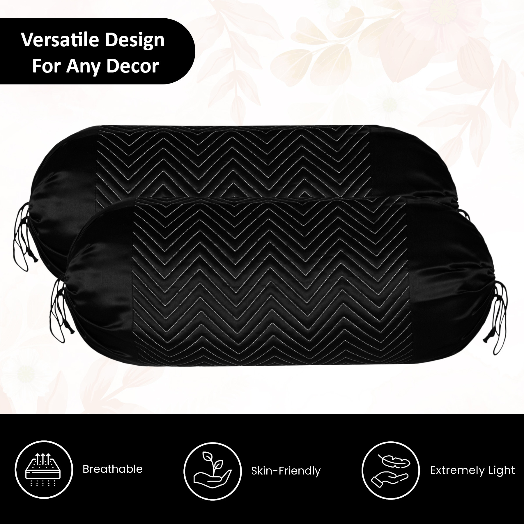 Kuber Industries 2 Pcs Aesthetic BolsterSide Pillow Cover with Dori for Sofa  Diwan  Washable Cylindrical Takiya  Round Pillow Cover for Home Decoration  Zig Zag- Black Silver