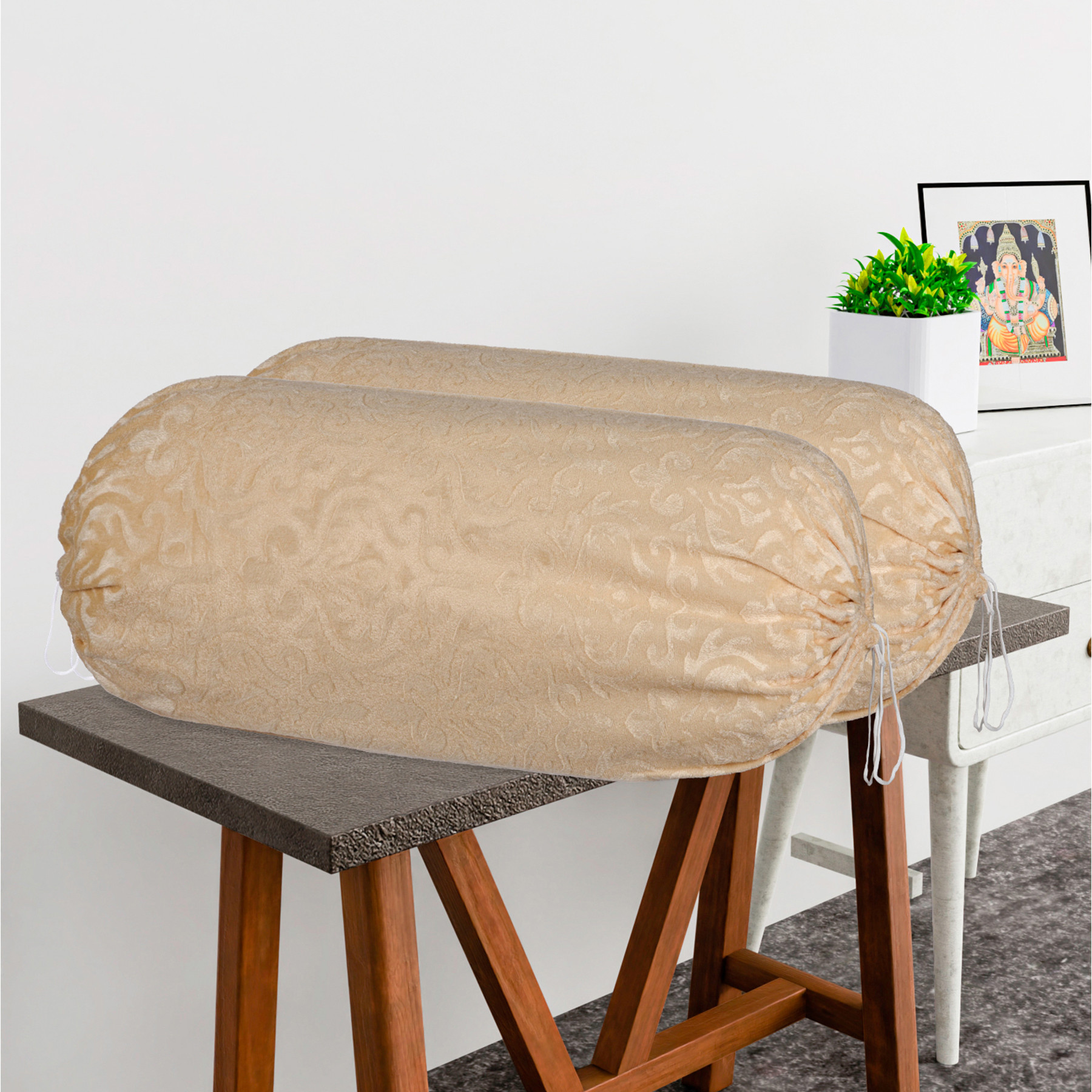 Kuber Industries 2 Pcs Aesthetic BolsterSide Pillow Cover with Dori for Sofa  Diwan  Washable Cylindrical Takiya  Round Pillow Cover for Home Decoration  Floral Design - Beige