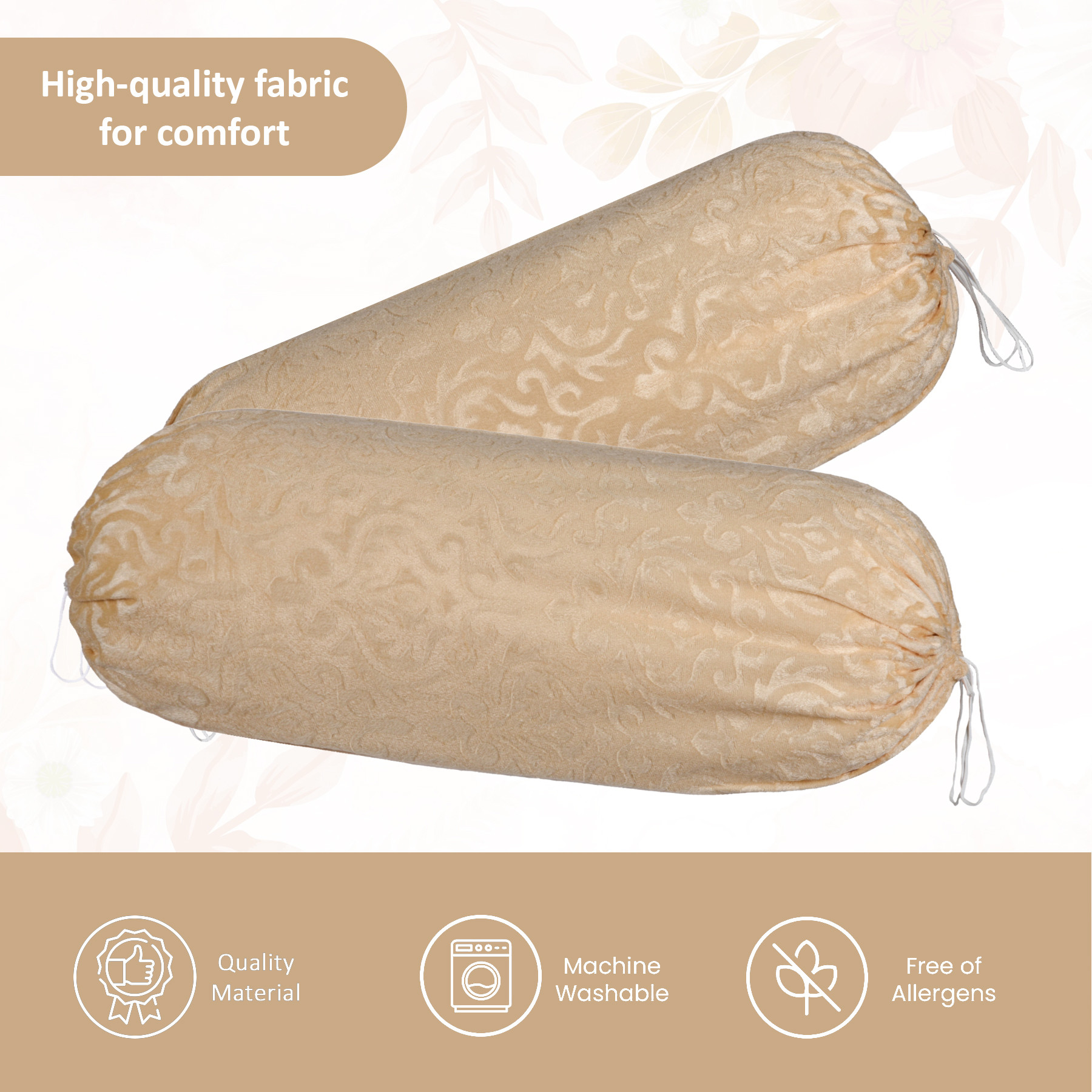 Kuber Industries 2 Pcs Aesthetic BolsterSide Pillow Cover with Dori for Sofa  Diwan  Washable Cylindrical Takiya  Round Pillow Cover for Home Decoration  Floral Design - Beige