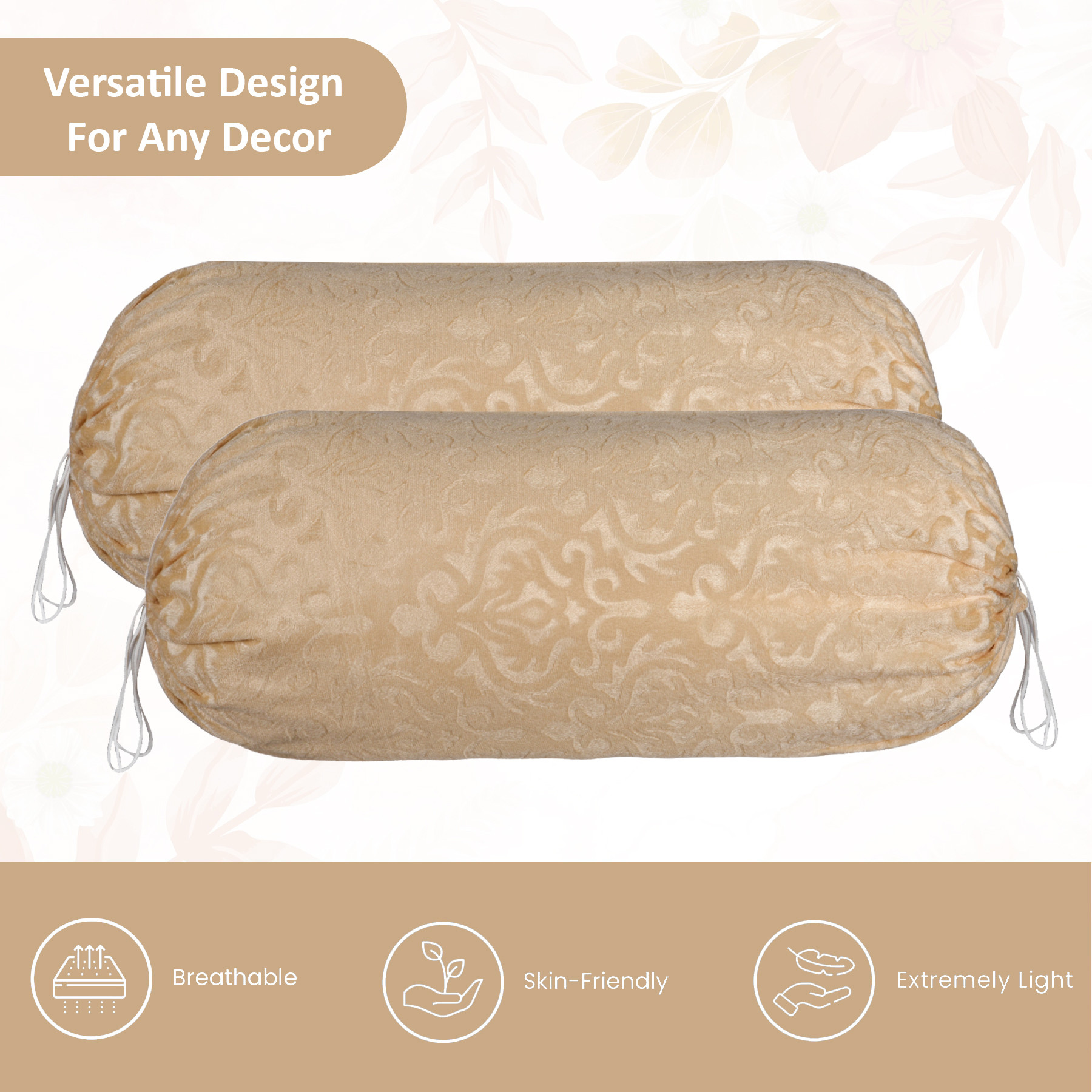Kuber Industries 2 Pcs Aesthetic BolsterSide Pillow Cover with Dori for Sofa  Diwan  Washable Cylindrical Takiya  Round Pillow Cover for Home Decoration  Floral Design - Beige
