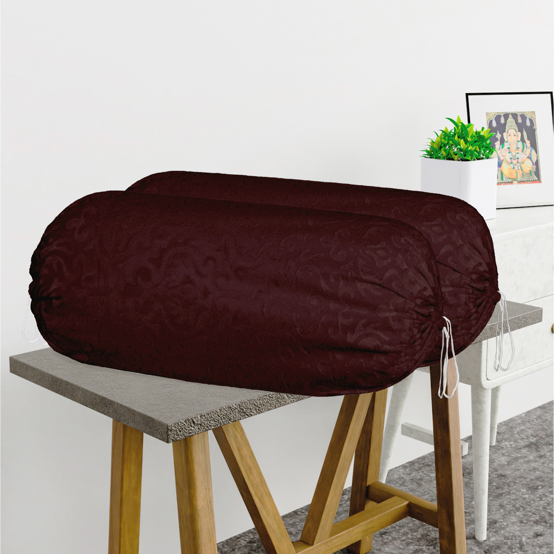 Kuber Industries 2 Pcs Aesthetic BolsterSide Pillow Cover with Dori for Sofa  Diwan  Washable Cylindrical Takiya  Round Pillow Cover for Home Decoration  Floral Design - Brown