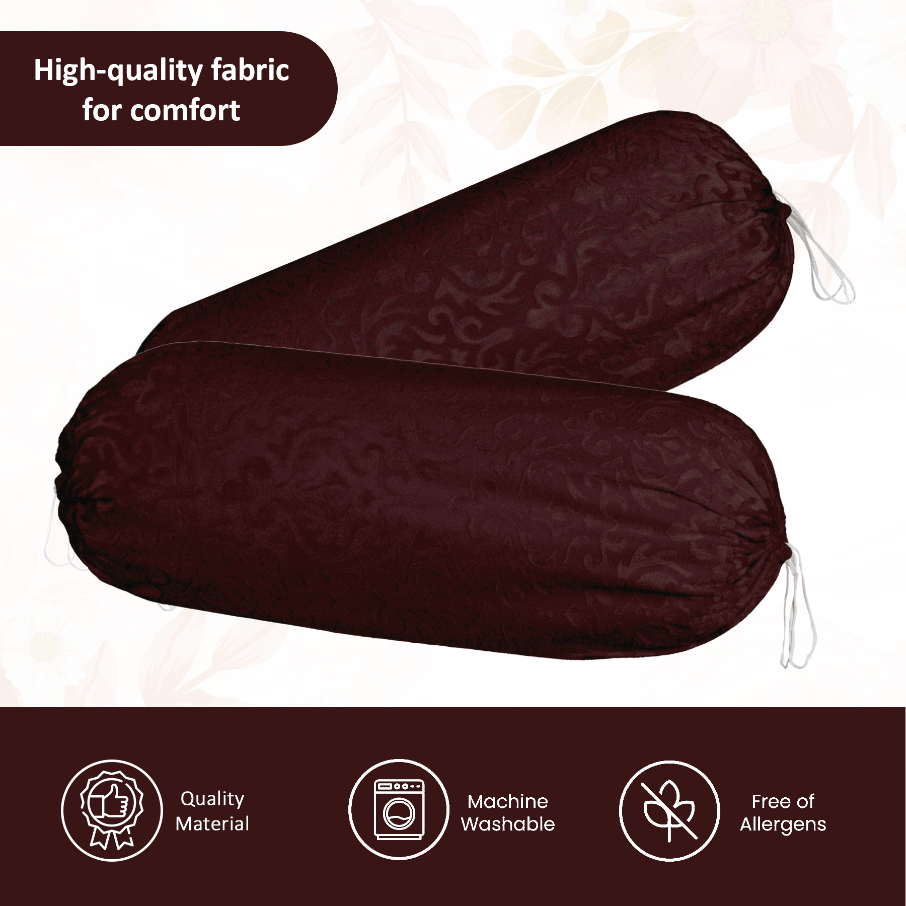 Kuber Industries 2 Pcs Aesthetic BolsterSide Pillow Cover with Dori for Sofa  Diwan  Washable Cylindrical Takiya  Round Pillow Cover for Home Decoration  Floral Design - Brown