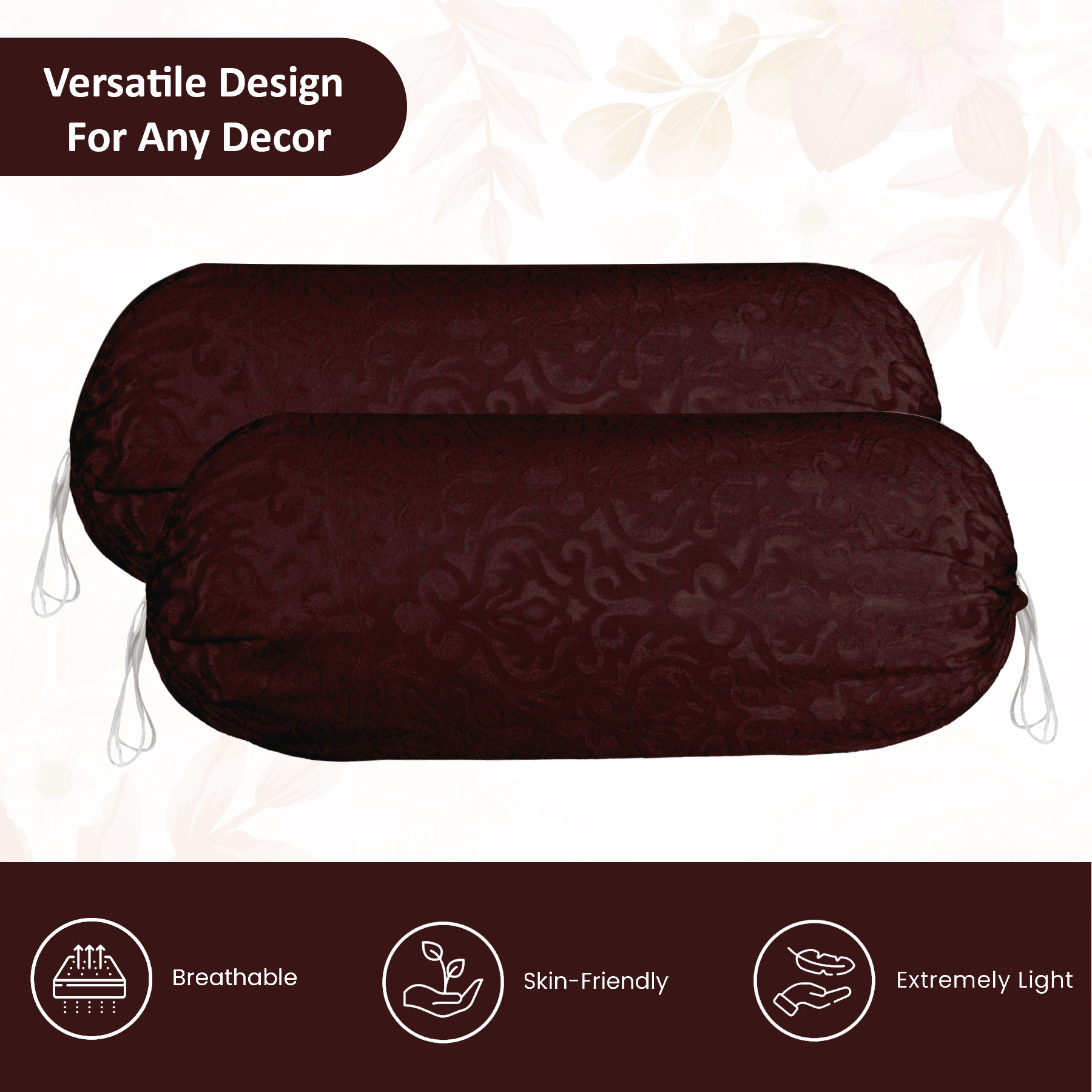 Kuber Industries 2 Pcs Aesthetic BolsterSide Pillow Cover with Dori for Sofa  Diwan  Washable Cylindrical Takiya  Round Pillow Cover for Home Decoration  Floral Design - Brown