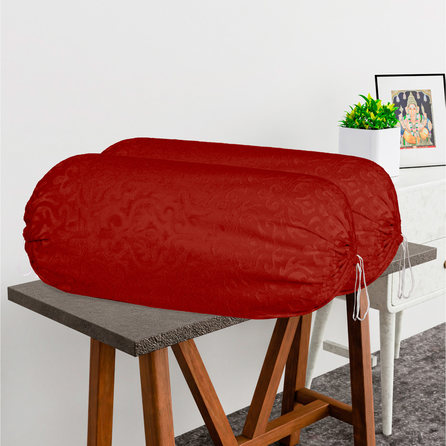 Kuber Industries 2 Pcs Aesthetic BolsterSide Pillow Cover with Dori for Sofa  Diwan  Washable Cylindrical Takiya  Round Pillow Cover for Home Decoration  Floral Design - Red