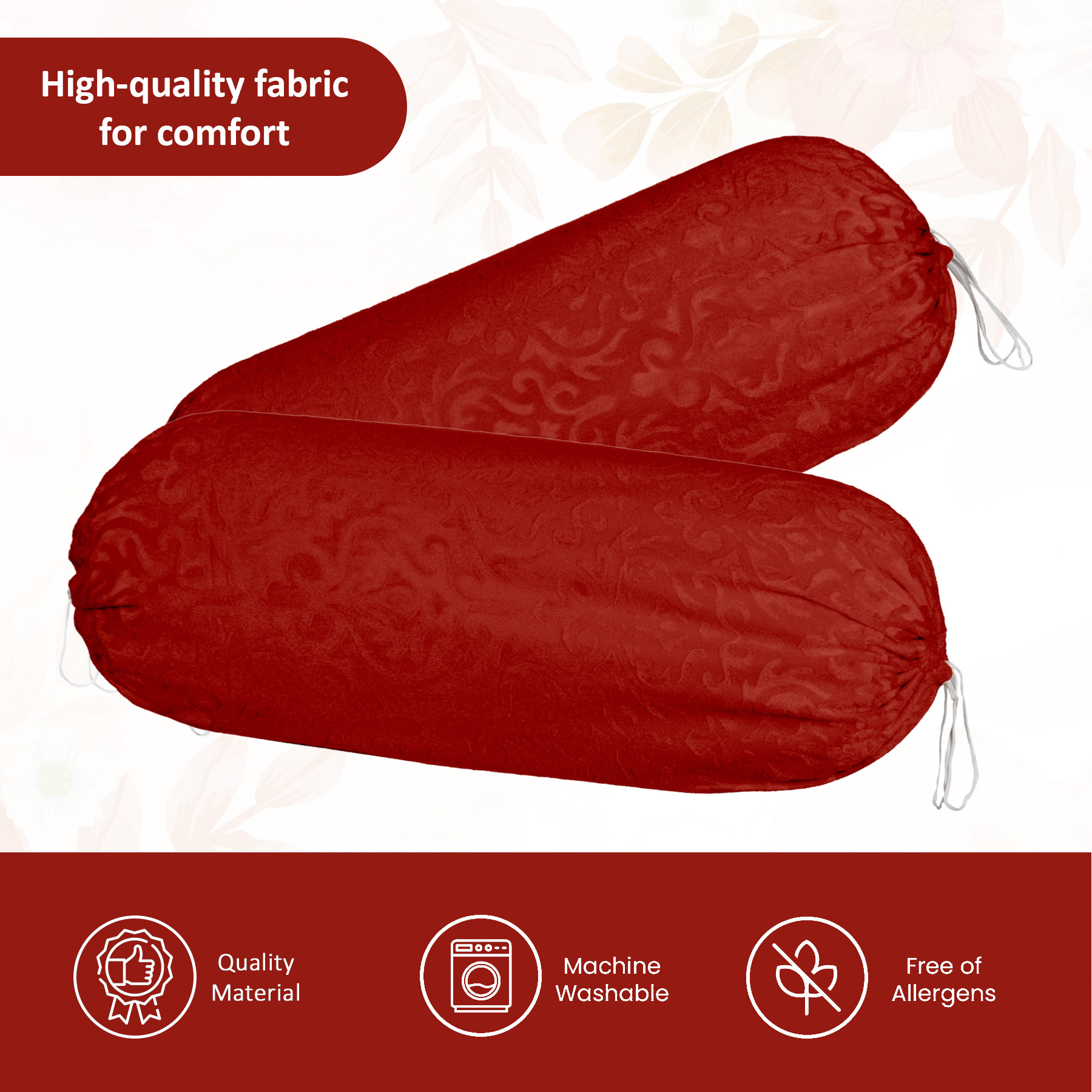 Kuber Industries 2 Pcs Aesthetic BolsterSide Pillow Cover with Dori for Sofa  Diwan  Washable Cylindrical Takiya  Round Pillow Cover for Home Decoration  Floral Design - Red