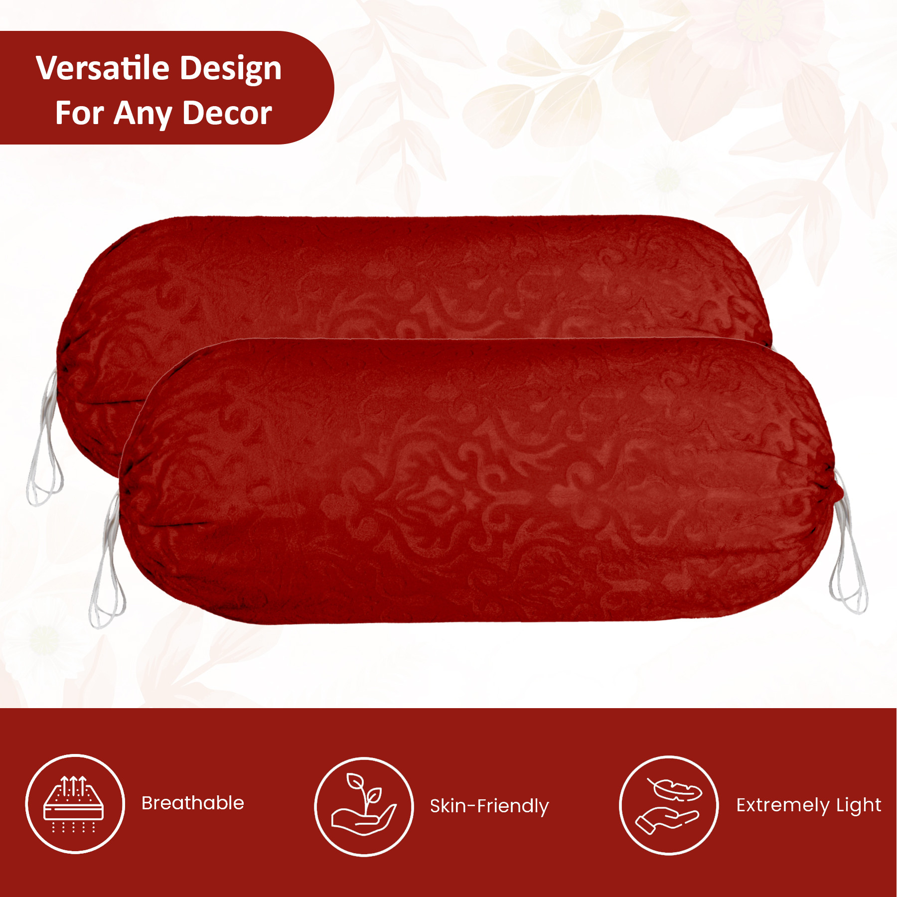Kuber Industries 2 Pcs Aesthetic BolsterSide Pillow Cover with Dori for Sofa  Diwan  Washable Cylindrical Takiya  Round Pillow Cover for Home Decoration  Floral Design - Red