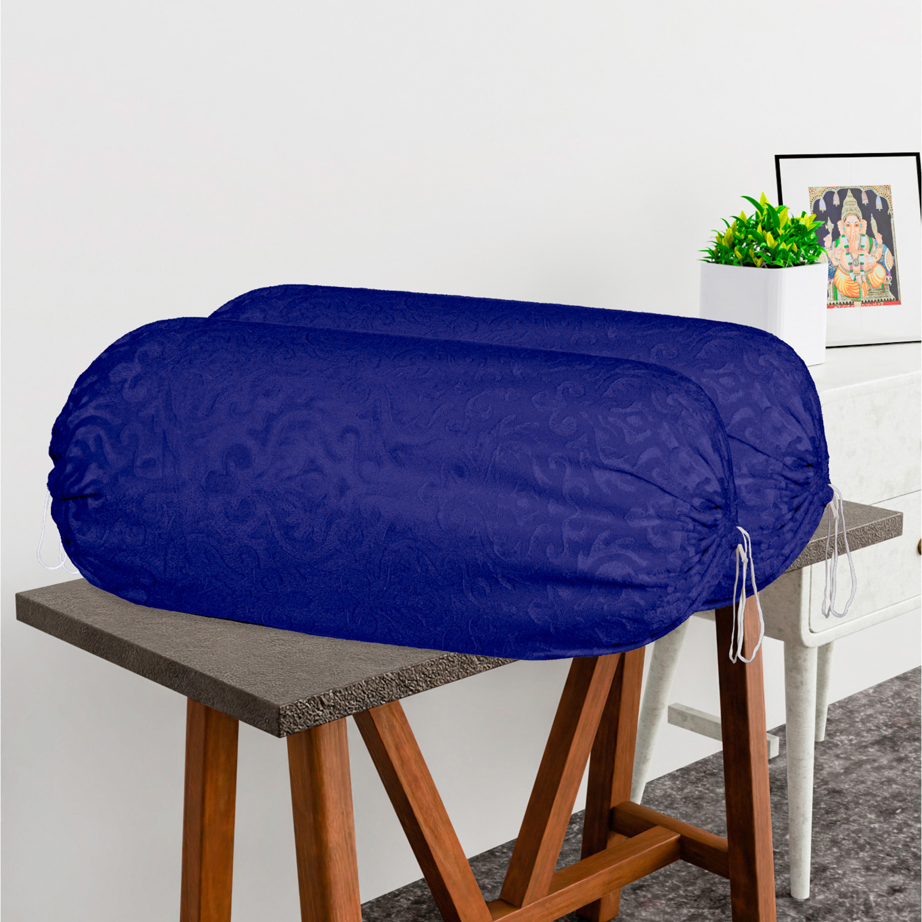 Kuber Industries 2 Pcs Aesthetic BolsterSide Pillow Cover with Dori for Sofa  Diwan  Washable Cylindrical Takiya  Round Pillow Cover for Home Decoration  Floral Design - Blue